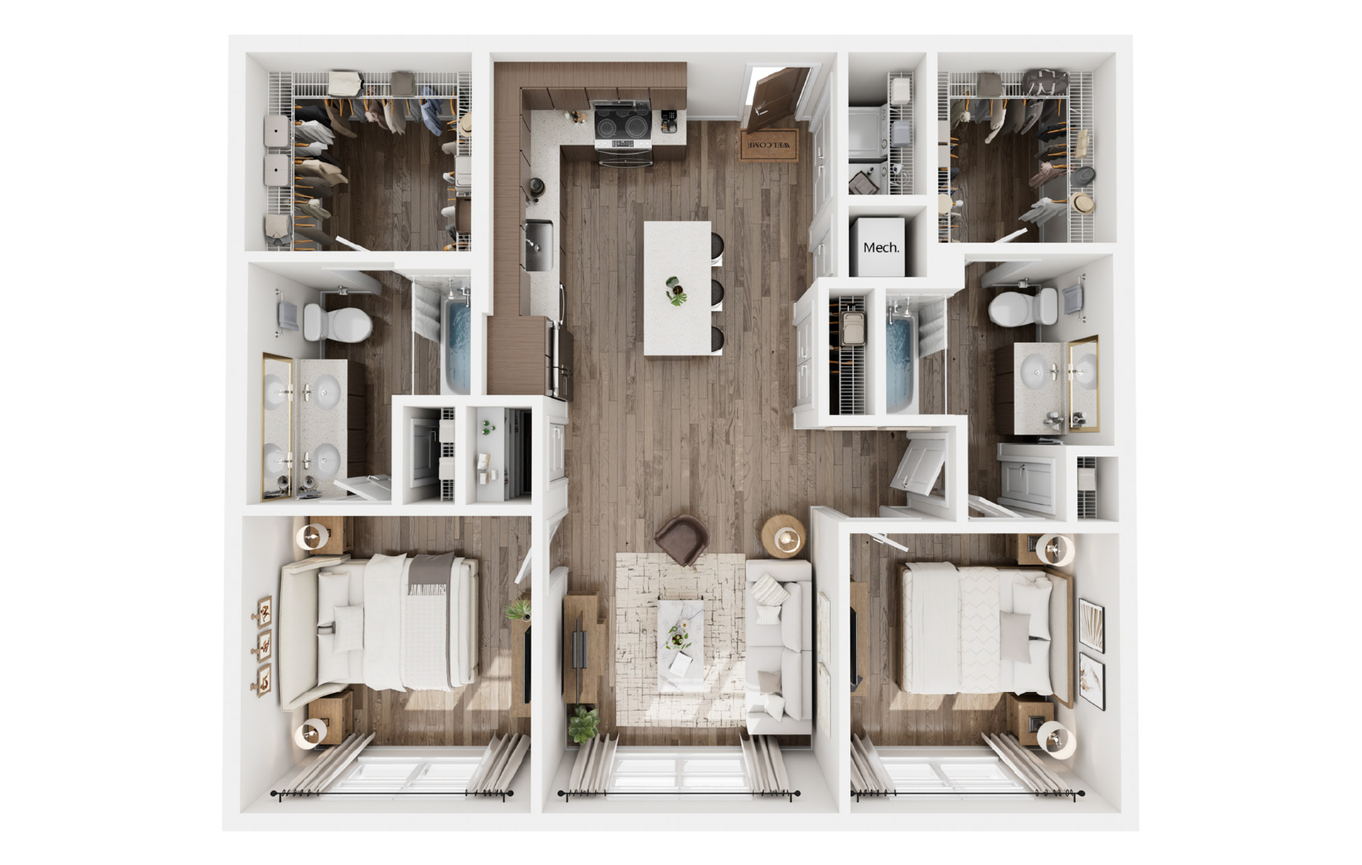 Elegant floor plan showcasing 3 bedrooms, a modern kitchen with island, open-concept living area, and ample closet space.