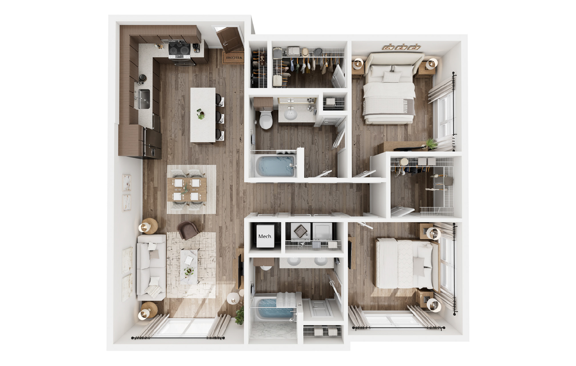 Elegant floor plan showcasing 3 bedrooms, modern kitchen with island, two bathrooms, and a cozy living area with contemporary design.