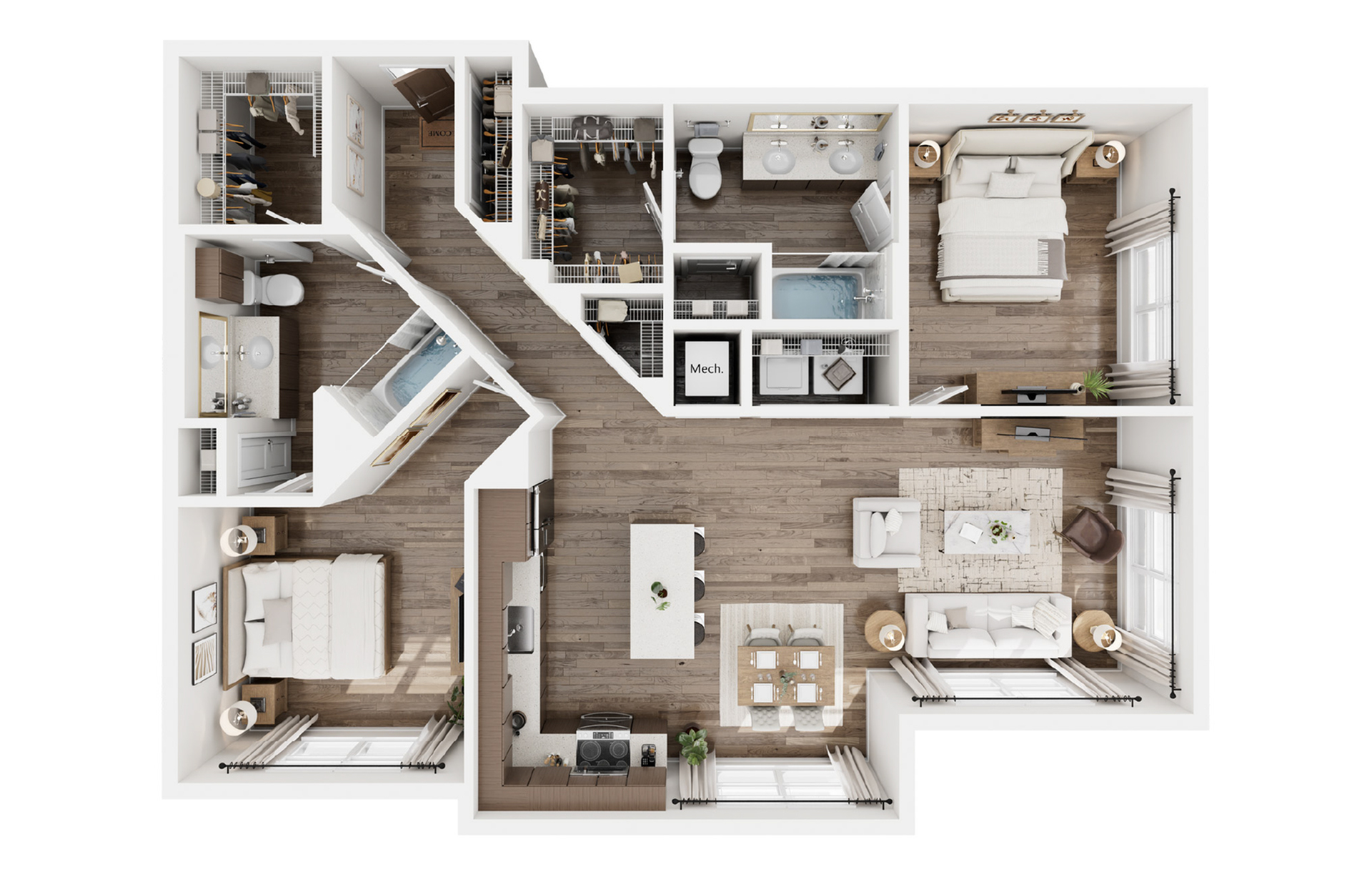 Elegant 3D floor plan showcasing 2 spacious bedrooms, an open-concept kitchen with modern appliances, and a cozy living area ideal for relaxation.