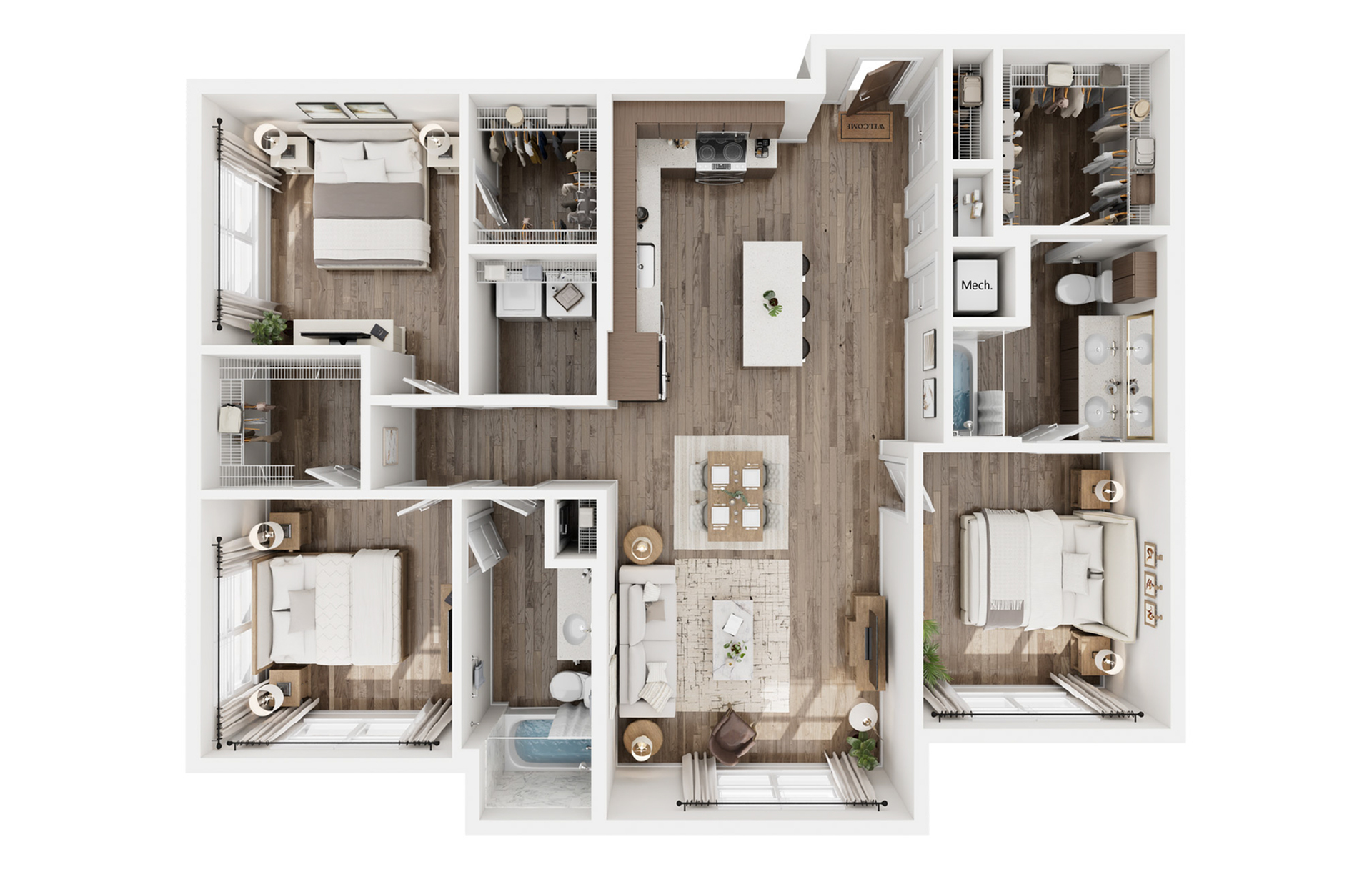 Modern 3D floor plan featuring 3 bedrooms, open-concept kitchen and living area, and two stylish bathrooms with luxury finishes.