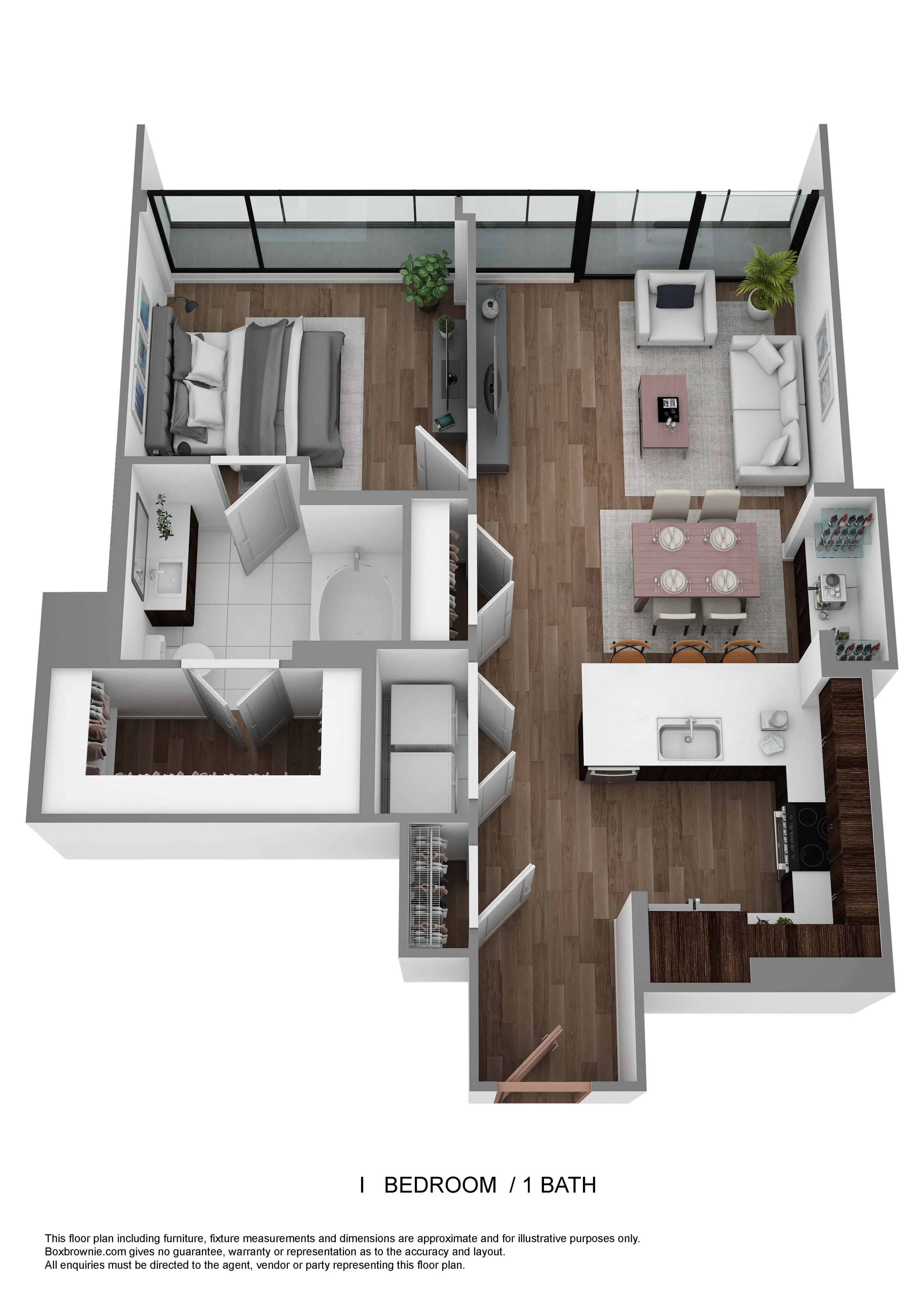 Modern 3D floor plan showcasing a 1-bedroom, 1-bathroom apartment with an open-concept living and dining area, sleek kitchen, and large balcony.