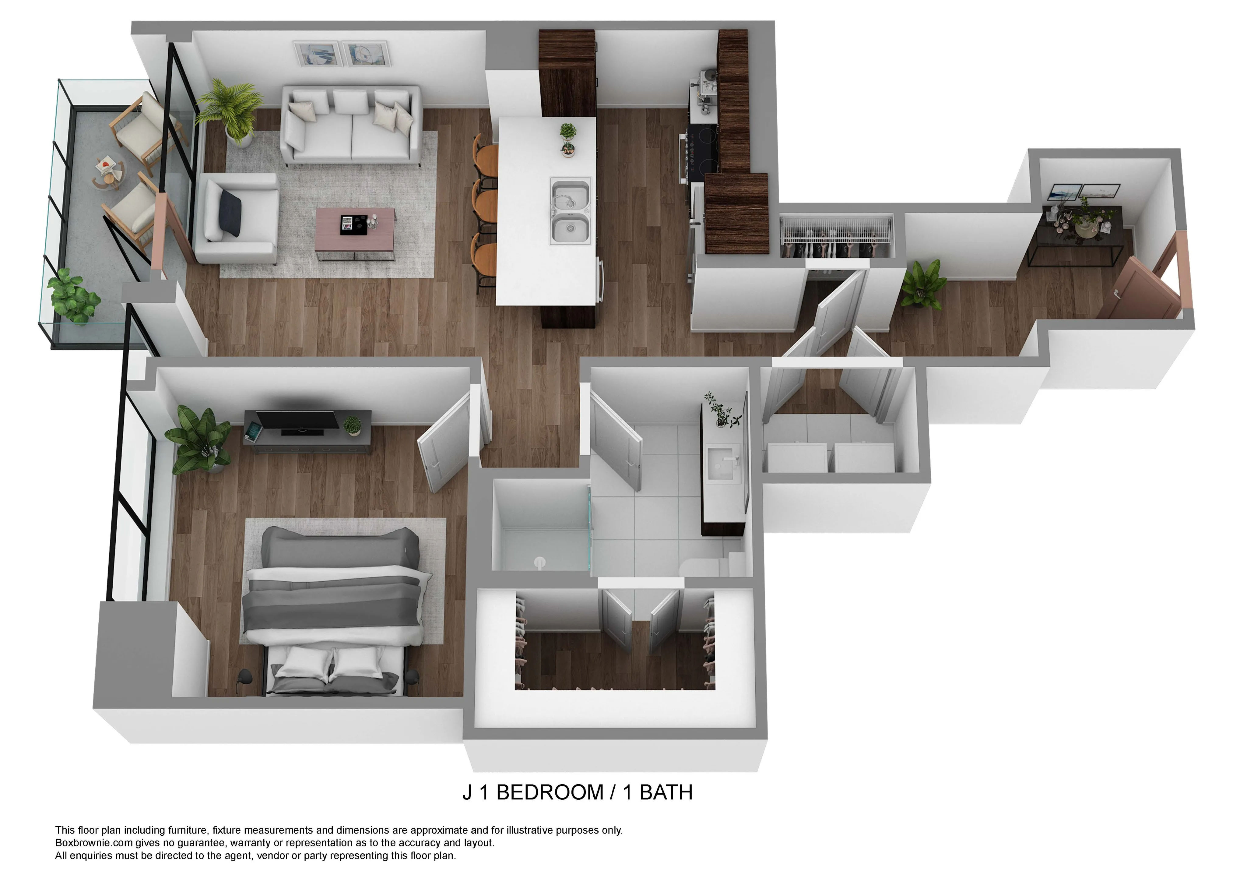 Chic 3D floor plan showcasing 1 bedroom and 1 bath with open-concept living area, modern kitchen, and cozy balcony.