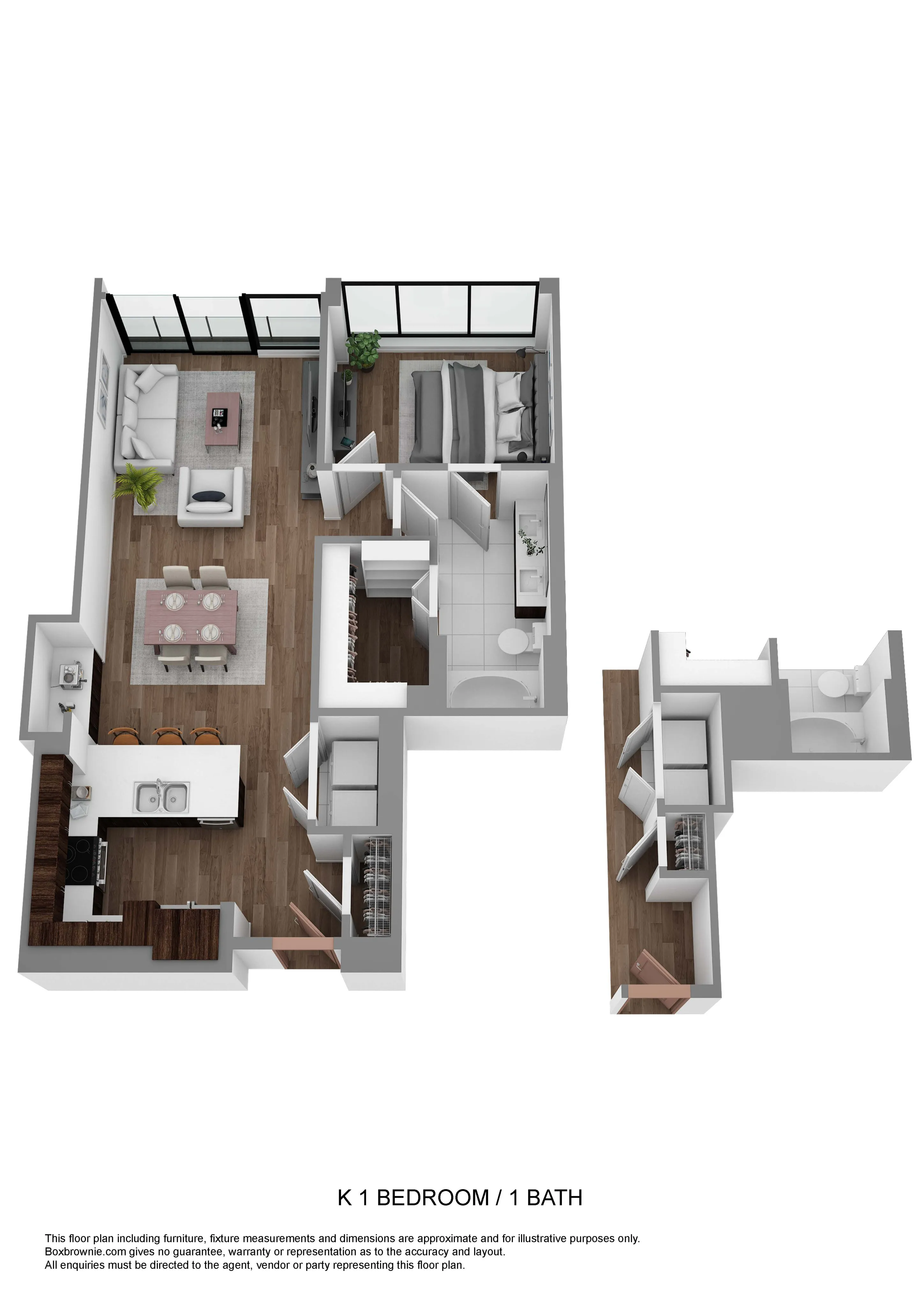 Elegant 3D floor plan showcasing 1 bedroom, 1 bathroom, modern kitchen with island, and spacious living area with large windows.