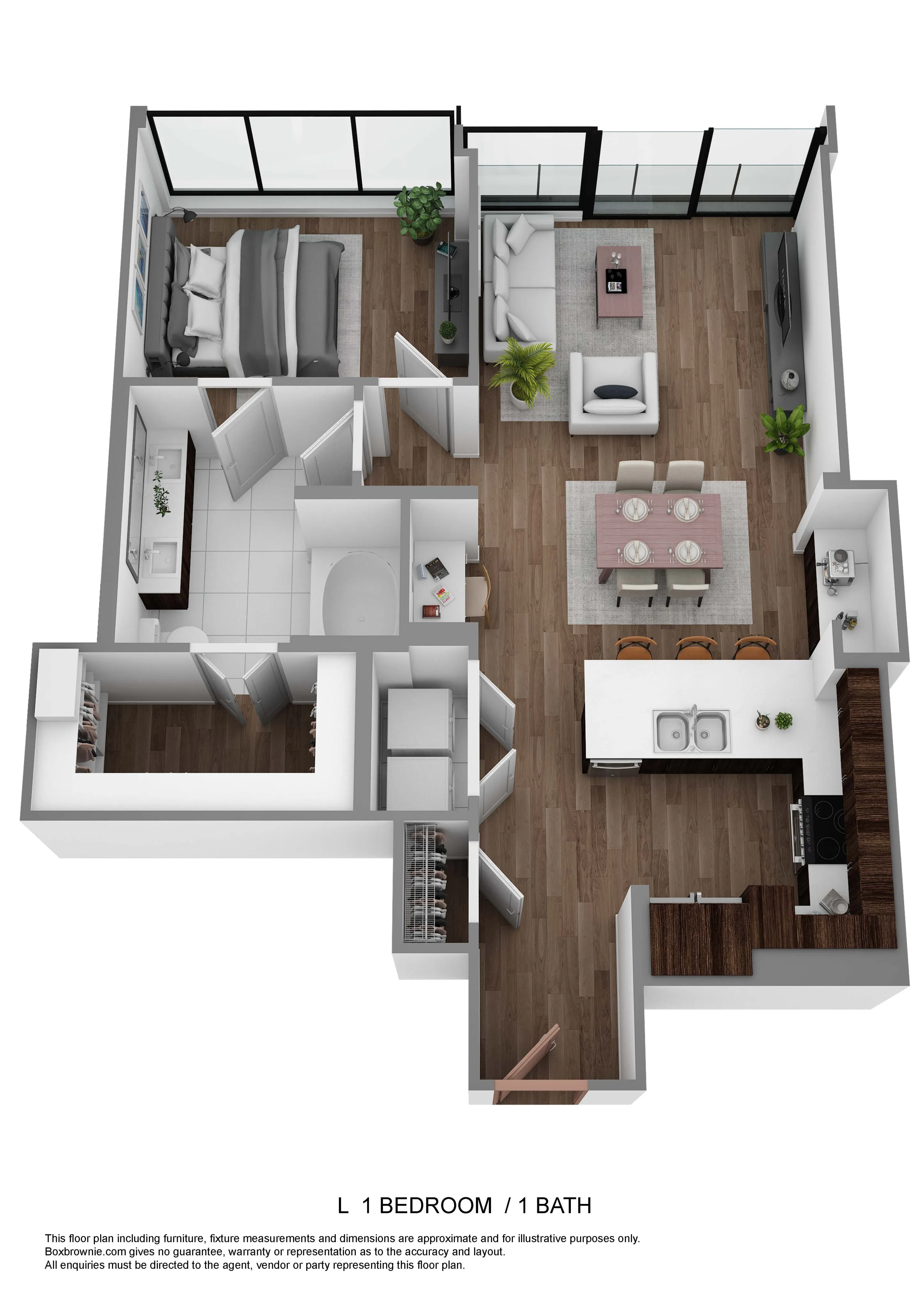 Sleek 3D floor plan showcasing a modern 1-bedroom apartment with an open-concept living and dining area, stylish kitchen, and luxurious bathroom.