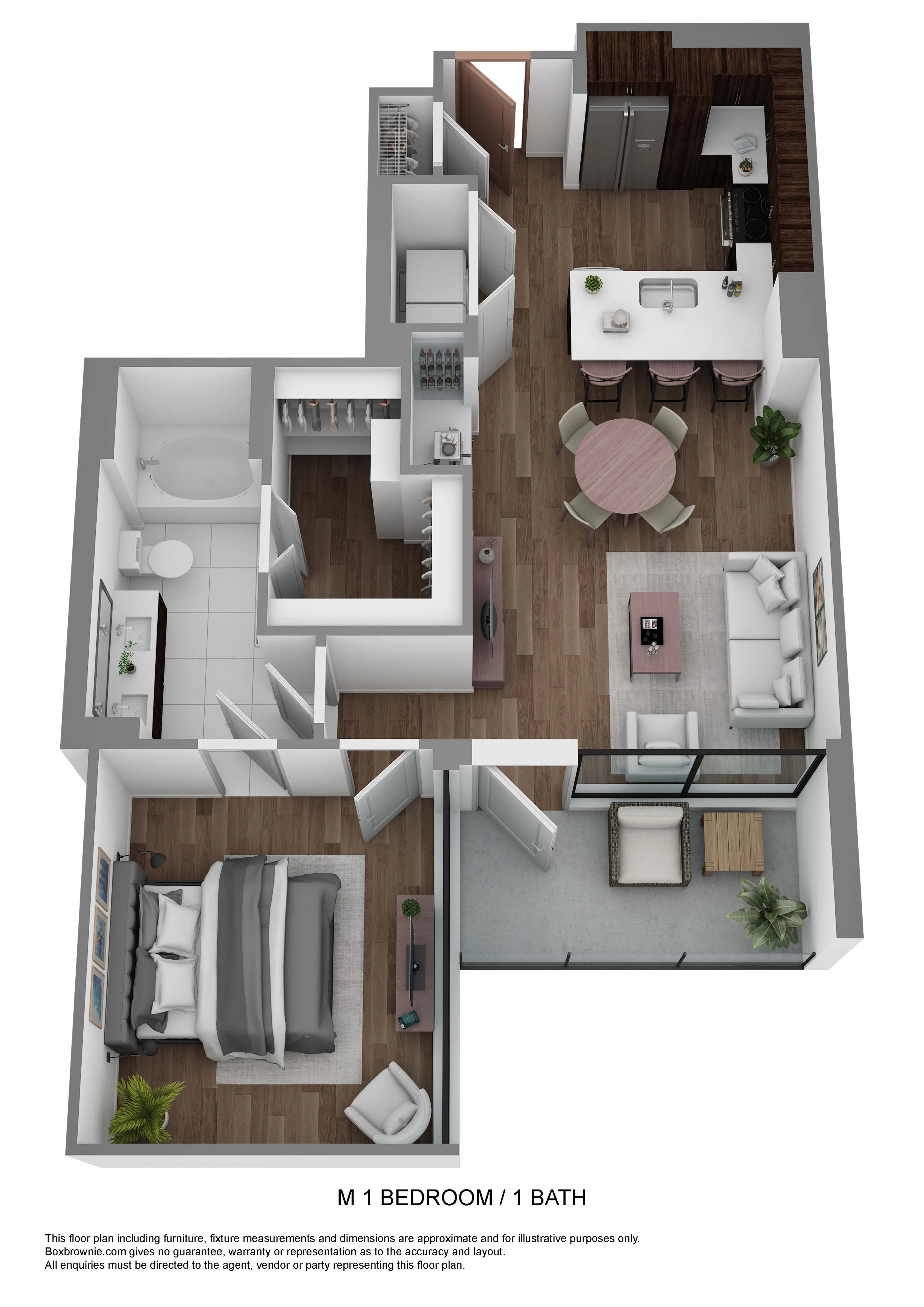 Chic 3D floor plan showcasing a cozy 1-bedroom, 1-bath apartment featuring a modern open-concept living and dining area, stylish kitchen, and inviting balcony space.
