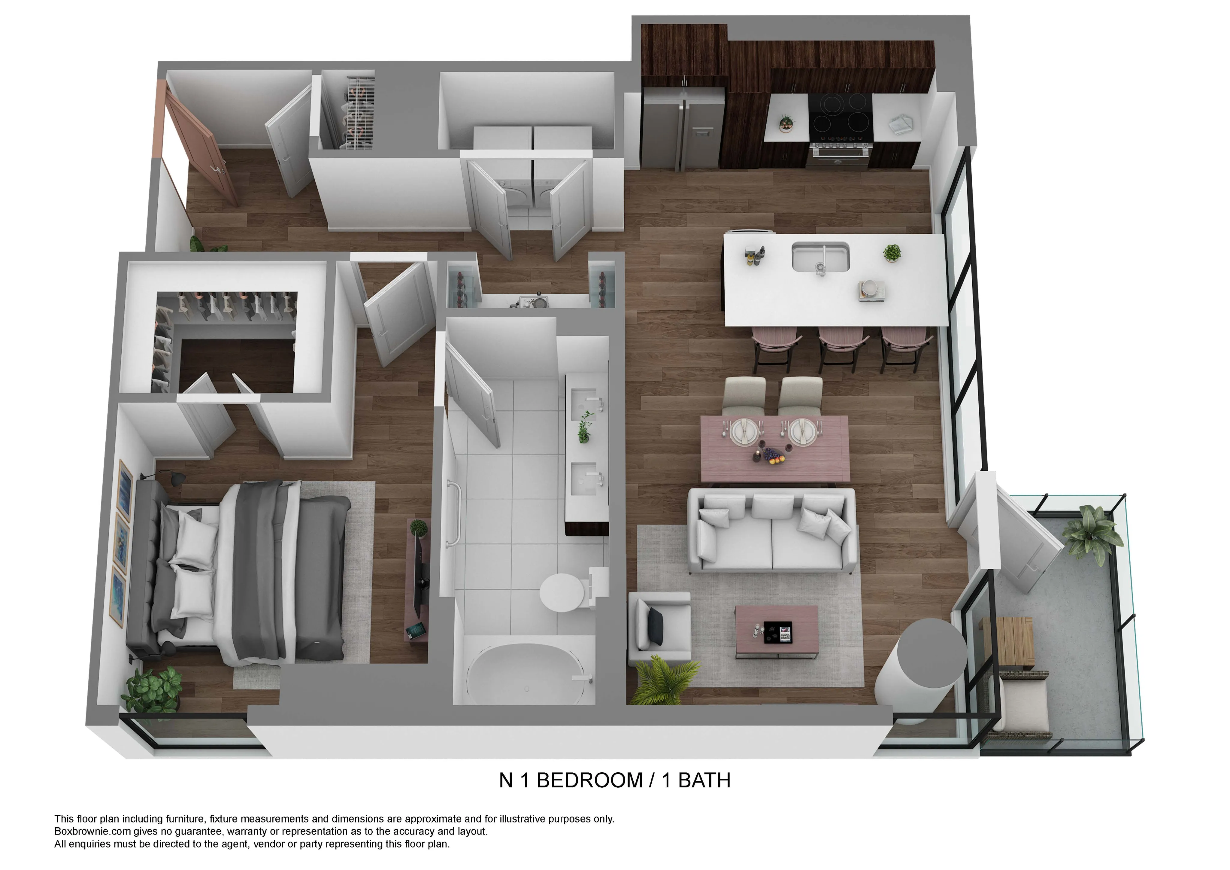 Chic 1 bedroom, 1 bath apartment floor plan with open-concept kitchen, cozy living area, and private balcony.