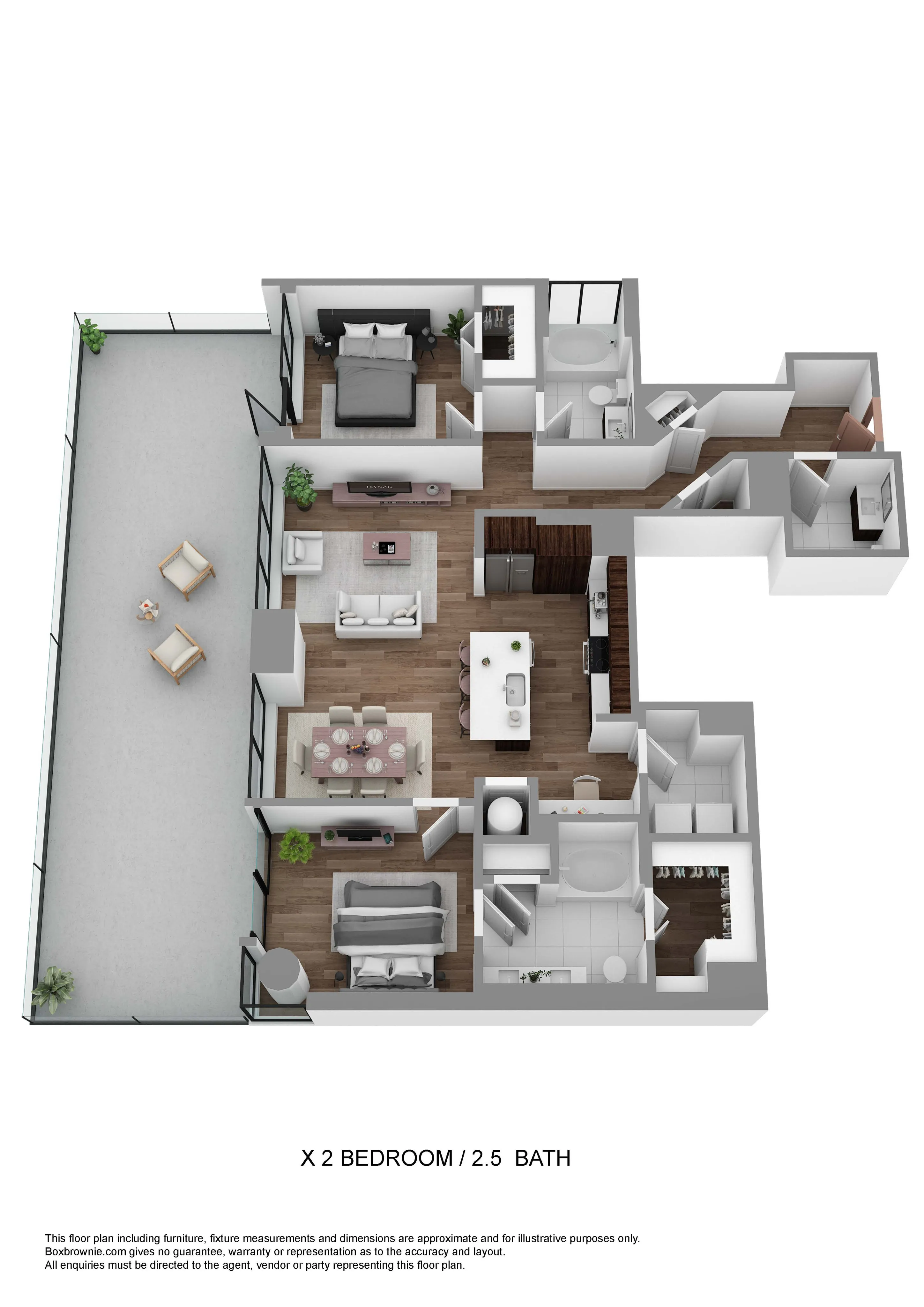 Contemporary 2D floor plan showcasing 2 bedrooms, 2.5 baths, open-concept living and dining area, modern kitchen, and a spacious balcony. Ideal for stylish urban living.