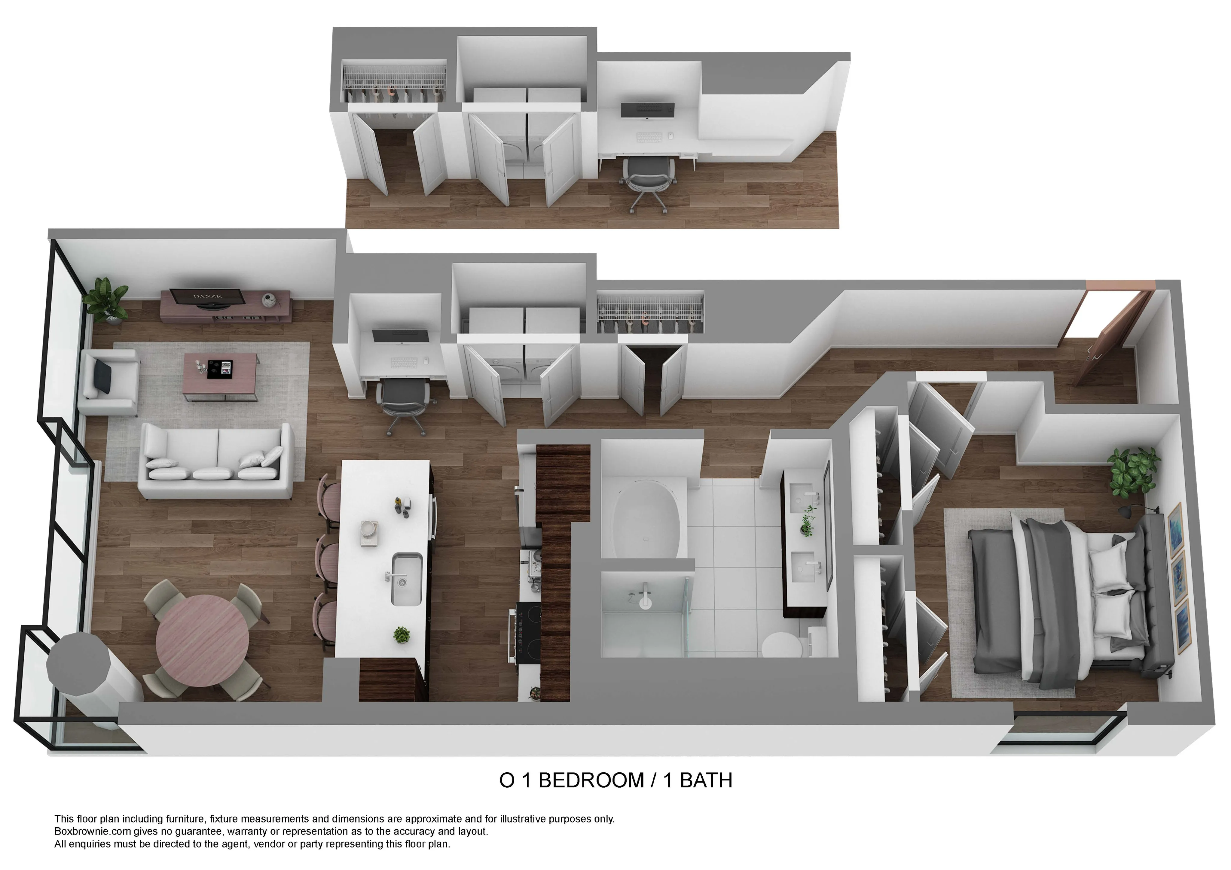 Elegant 1 bedroom, 1 bath floor plan featuring a chic open-concept living and dining area, modern kitchen with island, and cozy bedroom with ample storage.