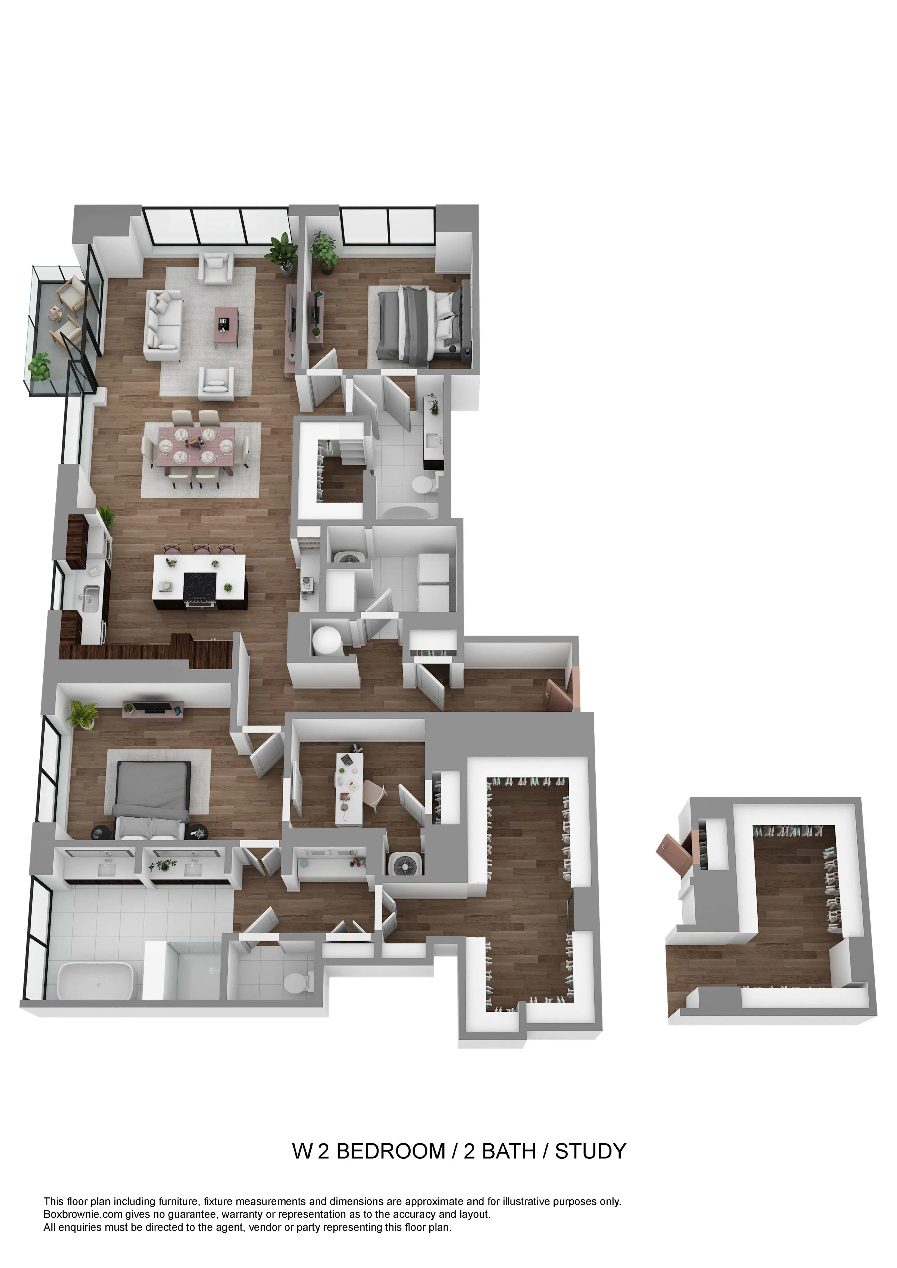 Modern 3D floor plan with 2 bedrooms, 2 bathrooms, and a study, featuring an open-concept living and dining area with expansive windows.