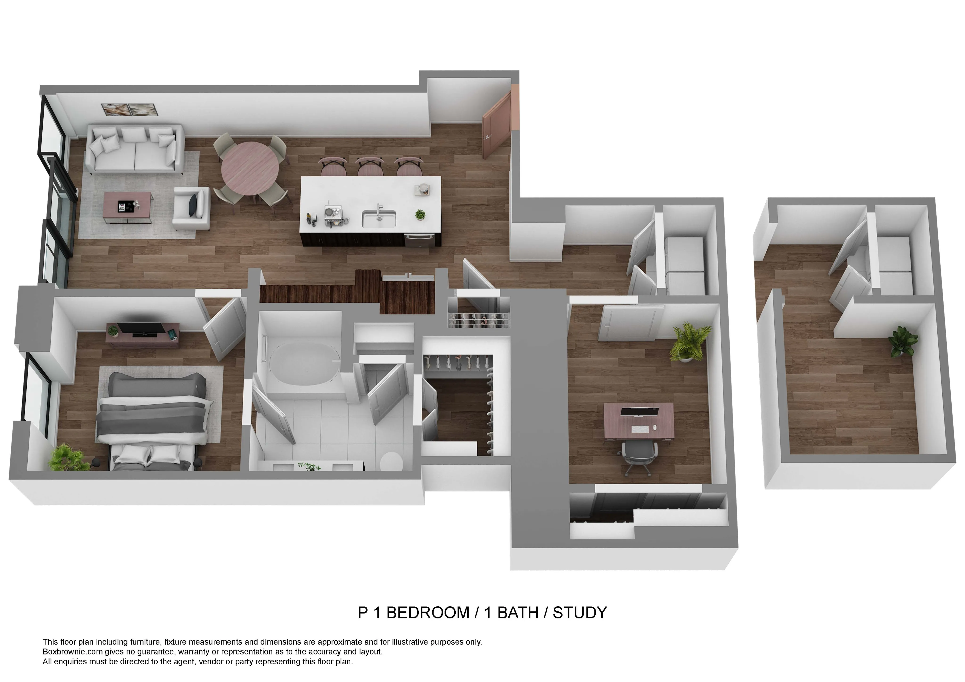 Modern 1-bedroom floor plan with cozy living area, elegant kitchen, and private study, perfect for urban living.