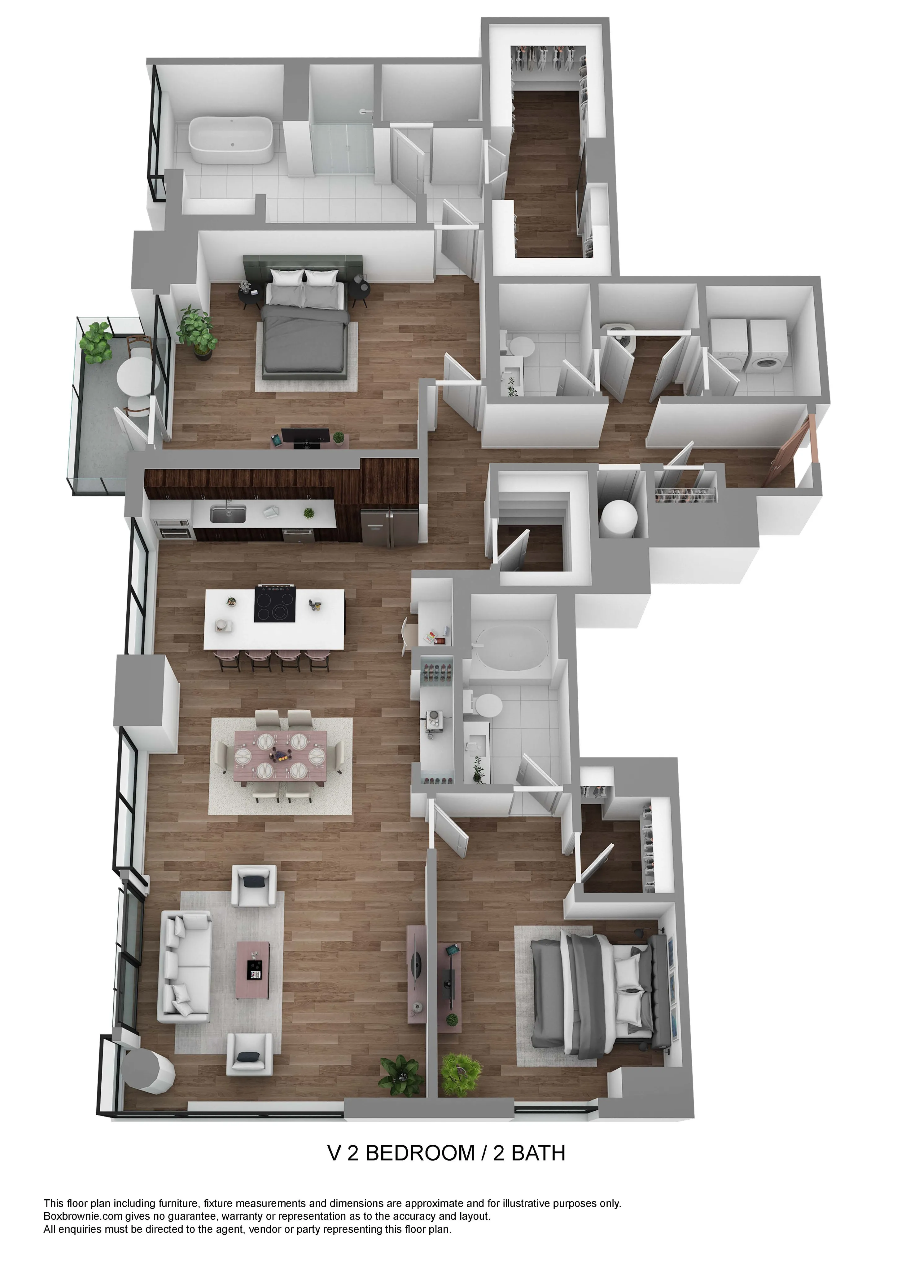 Elegant 3D floor plan featuring 2 bedrooms, 2 bathrooms, a modern kitchen with island, and an inviting open-concept living and dining area, complemented by a stylish balcony.