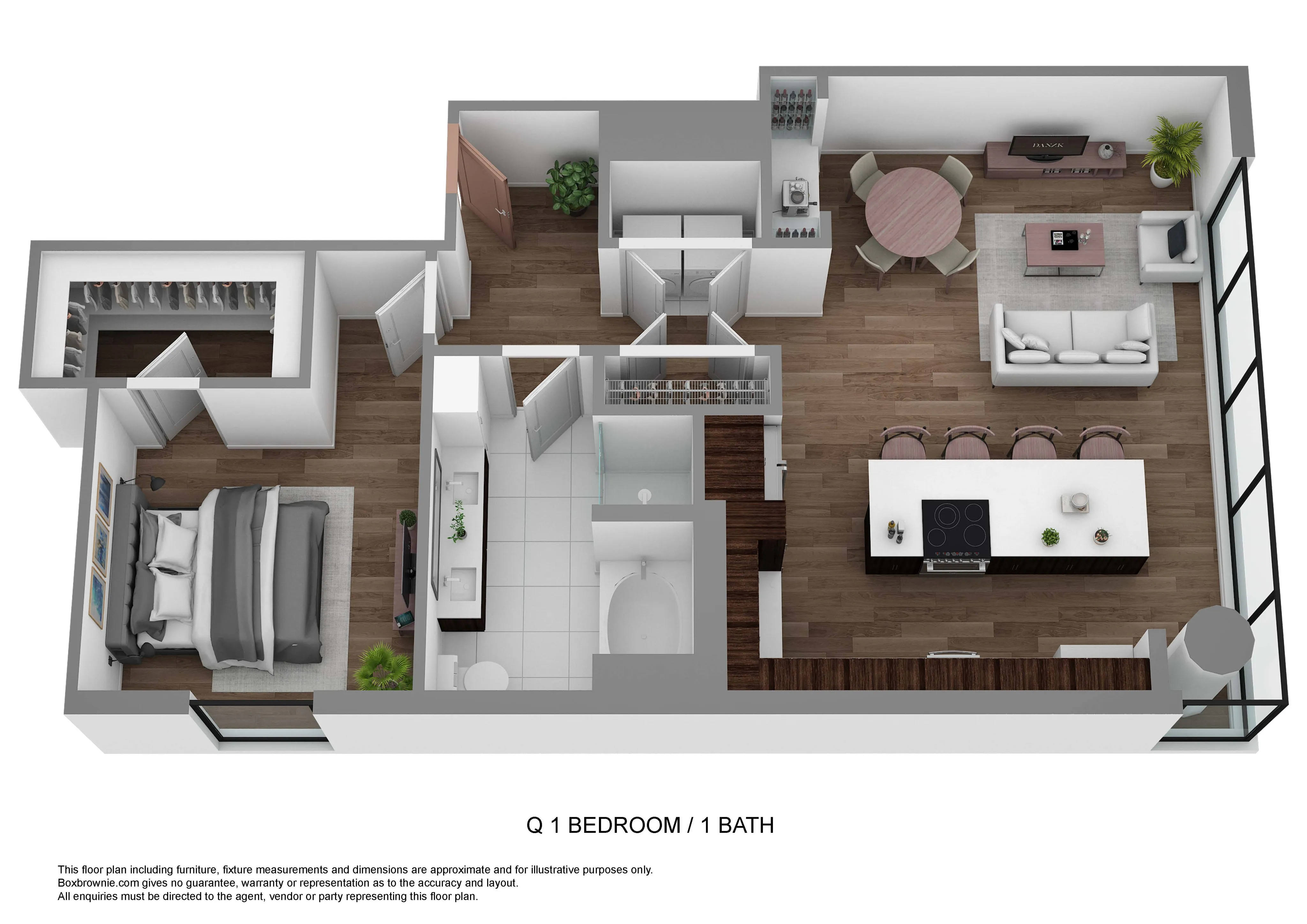 Elegant 3D floor plan showcasing a modern 1 bedroom, 1 bath apartment with an open living area, sleek kitchen island, and cozy dining space.