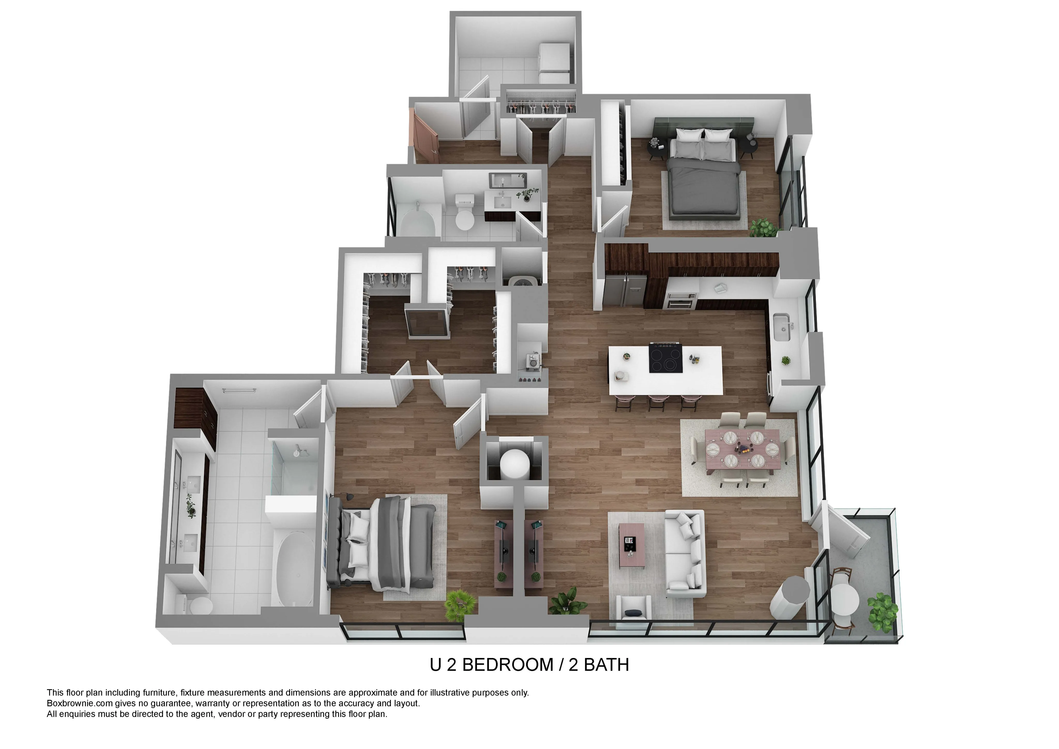 Contemporary 3D floor plan showcasing 2 bedrooms, 2 bathrooms, open-concept kitchen with island, and a spacious living and dining area in a stylish apartment layout.