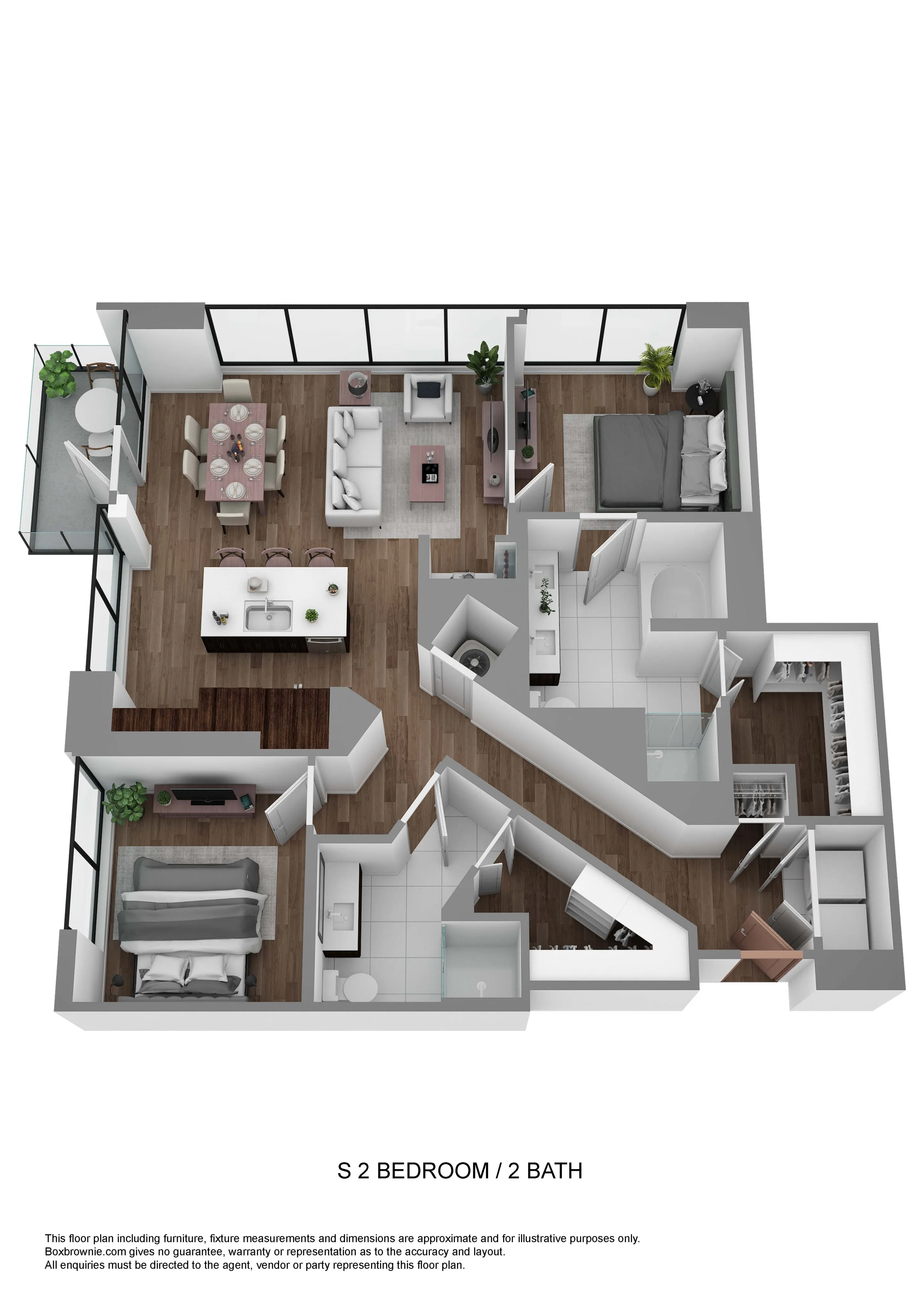 Contemporary 3D apartment layout showcasing 2 bedrooms, 2 bathrooms, an open-plan living area, modern kitchen, and private balcony.