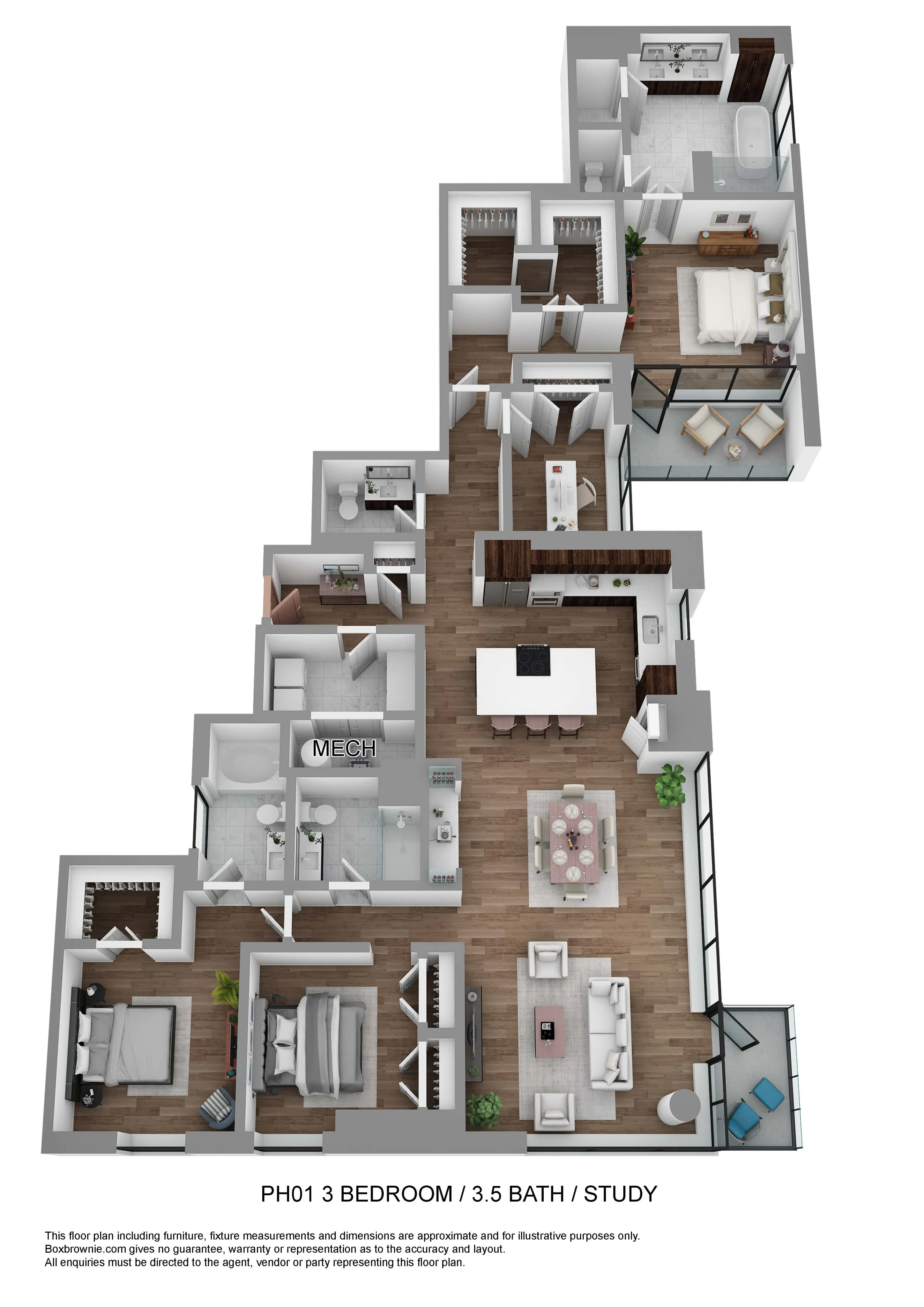 Luxurious floor plan featuring 3 bedrooms, 3.5 bathrooms, stylish kitchen, and a cozy study with spacious living and dining areas.