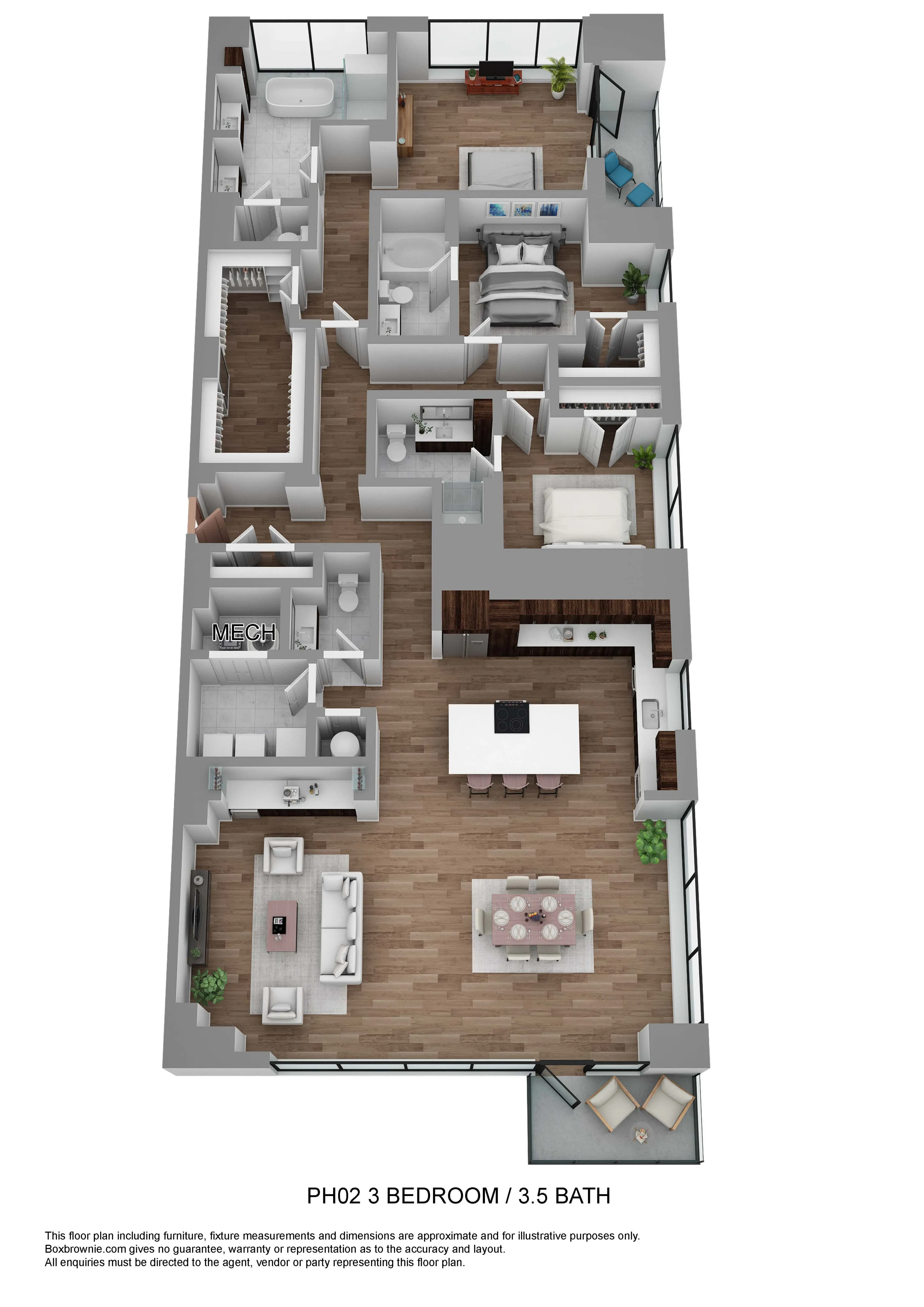 Modern 3D floor plan of a penthouse featuring 3 spacious bedrooms, 3.5 luxurious baths, an open-concept living and dining area, and an elegant kitchen with a large island.