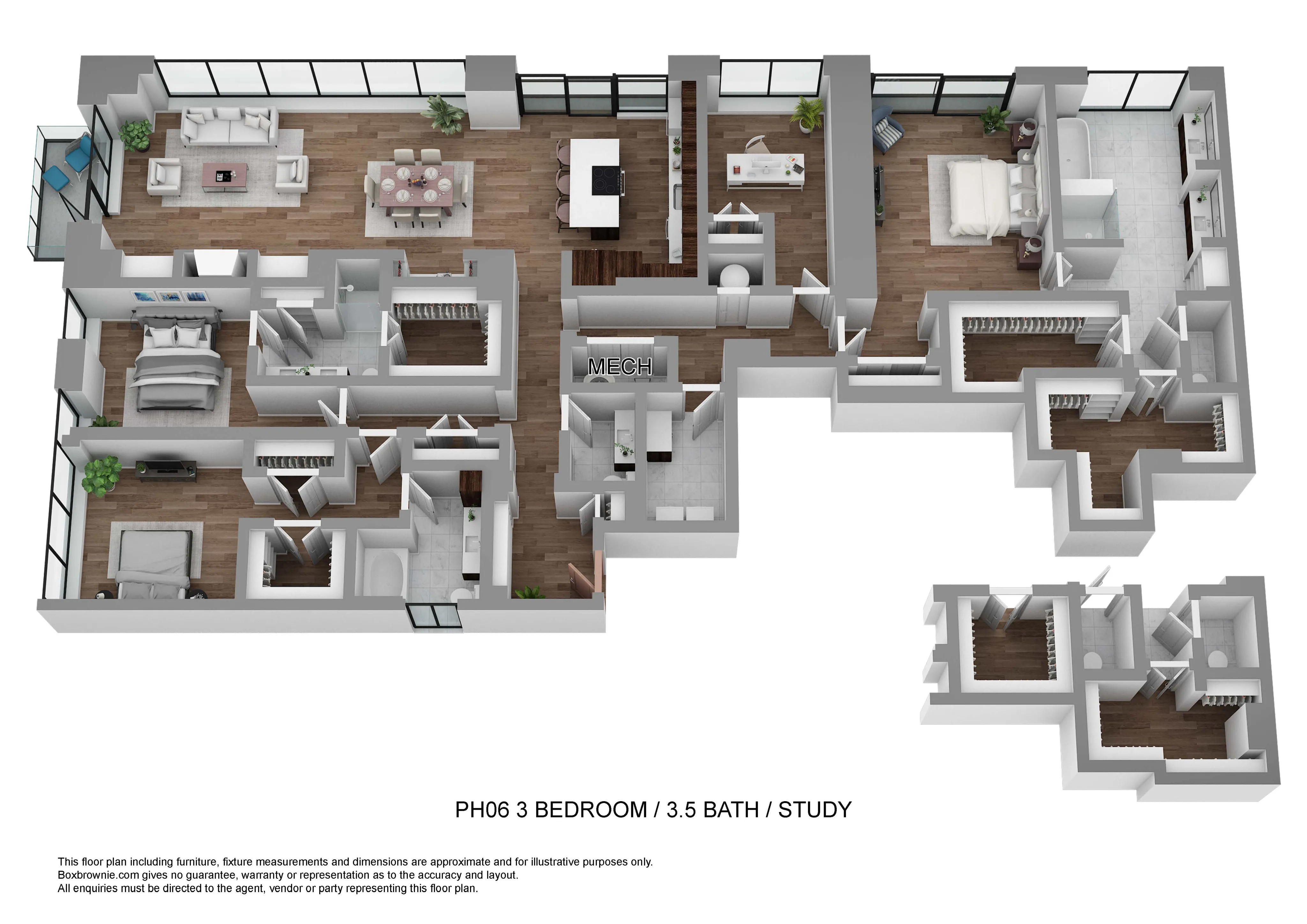 Luxurious 3-bedroom, 3.5-bath penthouse floor plan with stylish interiors, spacious living room, modern kitchen, and elegant study area.