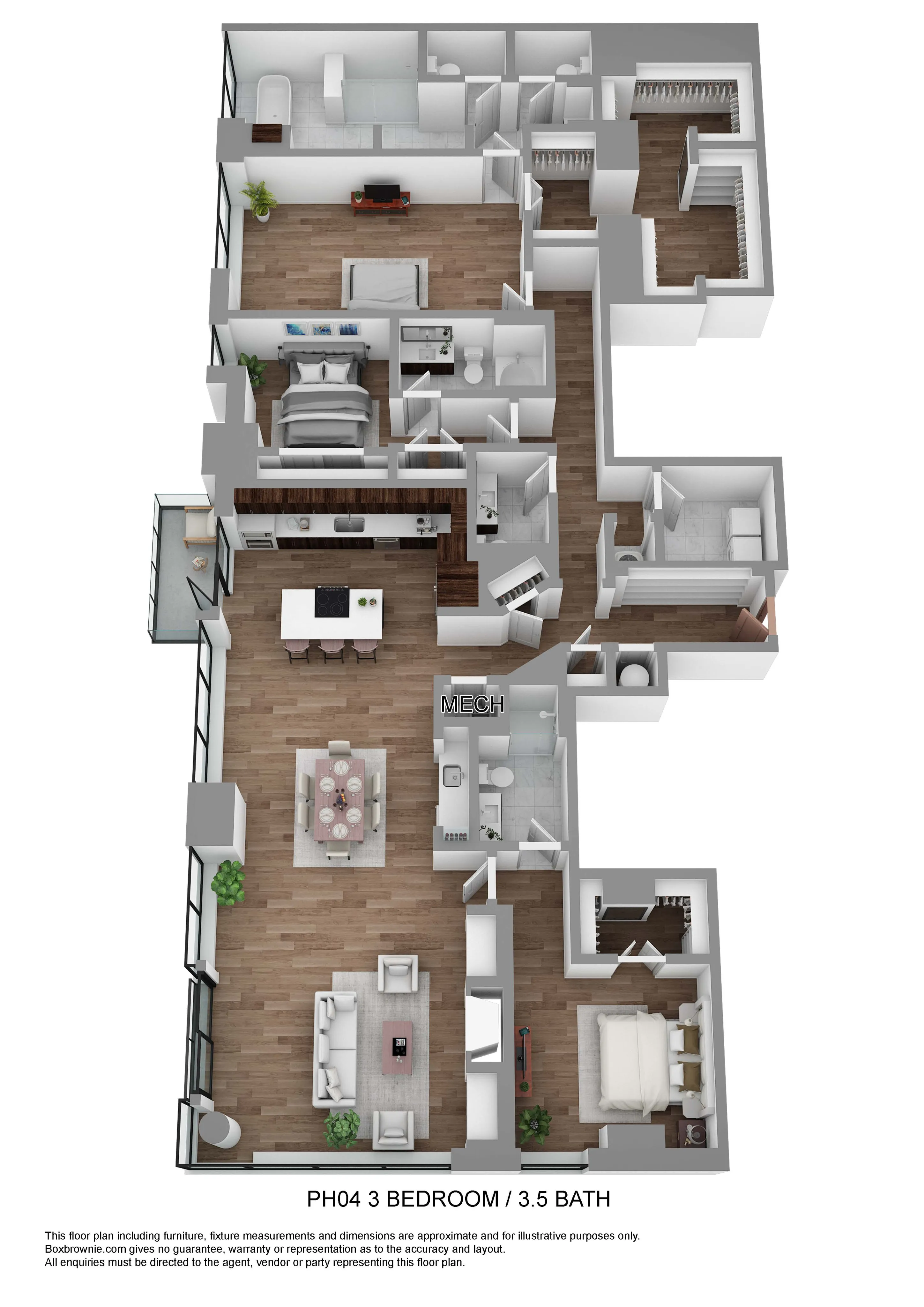 Modern 3D floor plan of a luxurious apartment featuring 3 bedrooms, 3.5 baths, spacious living and dining area, open-concept kitchen, and private balcony.