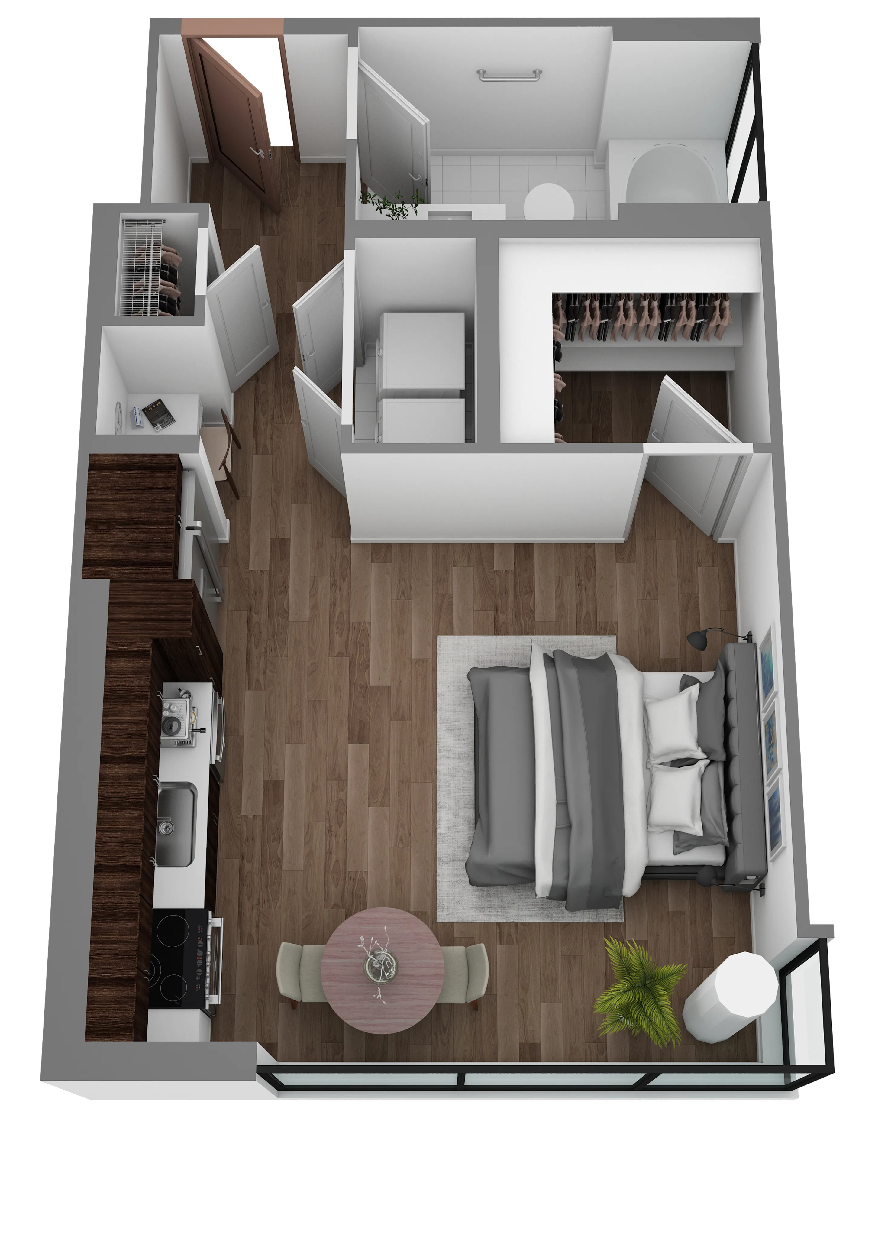 Modern 3D floor plan highlighting a cozy studio apartment with a sleek kitchen, elegant bathroom, and spacious bedroom area.