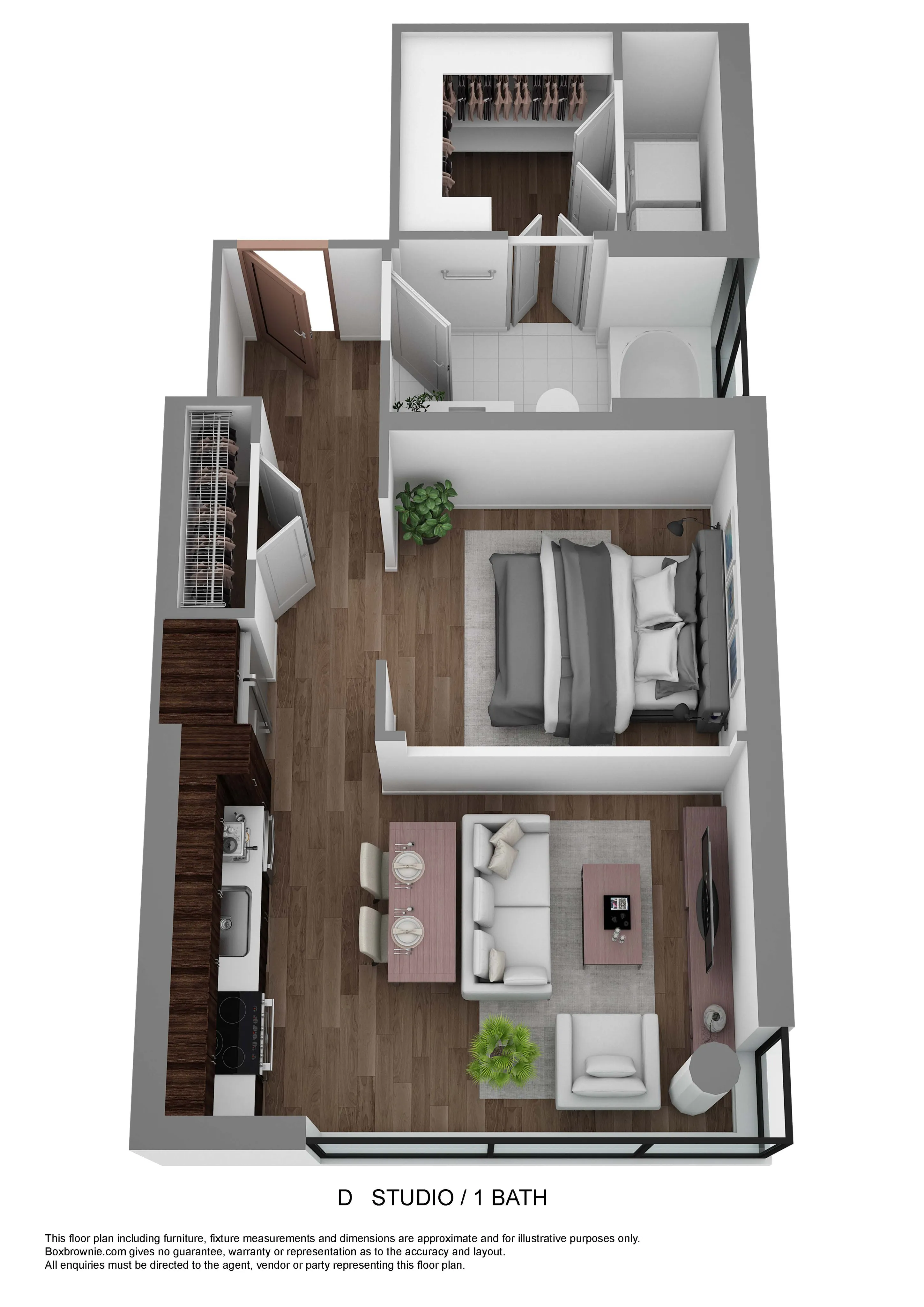 Modern studio floor plan featuring a single bedroom, cozy living area, and sleek, compact kitchen with elegant wood flooring.