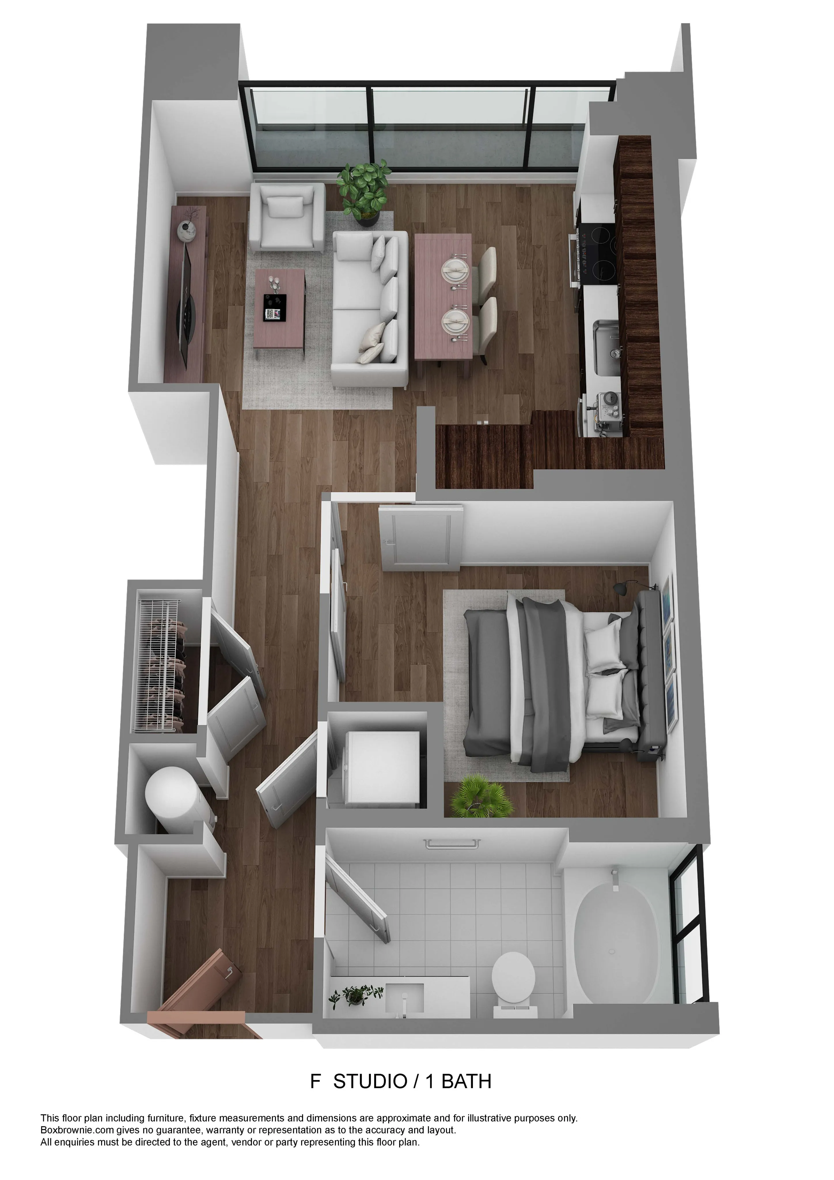 Contemporary studio apartment floor plan with an open living area, sleek kitchen, cozy bedroom space, and a modern bathroom.