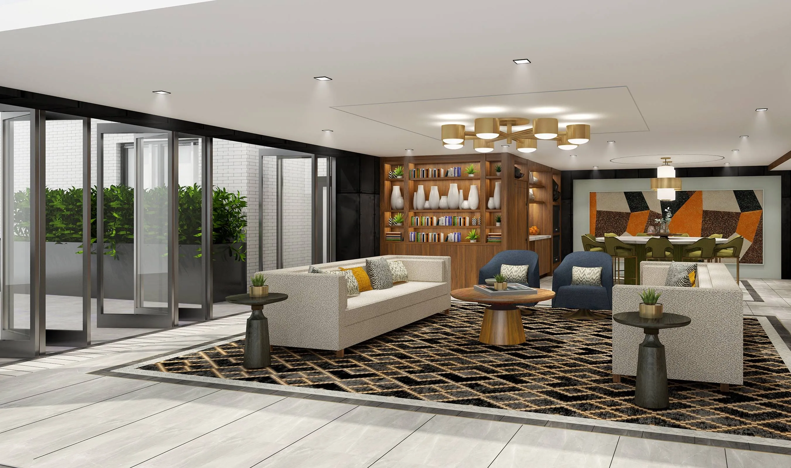 Resident club with kitchen and social seating areas
