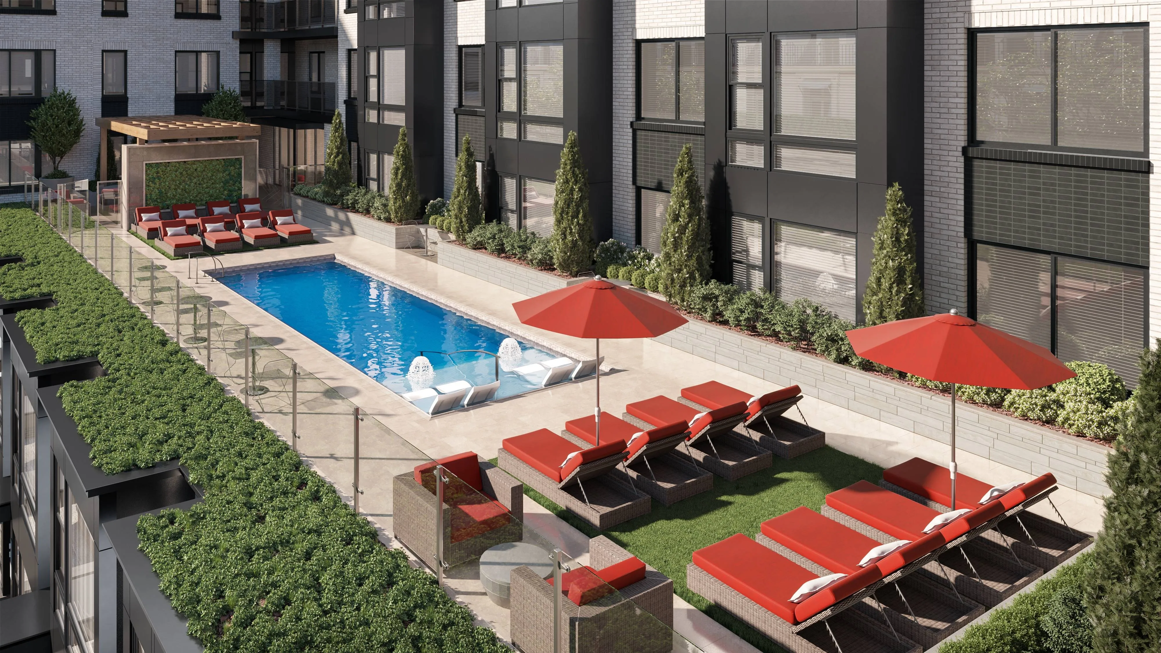 Elevated pool deck with cozy pool-side seating