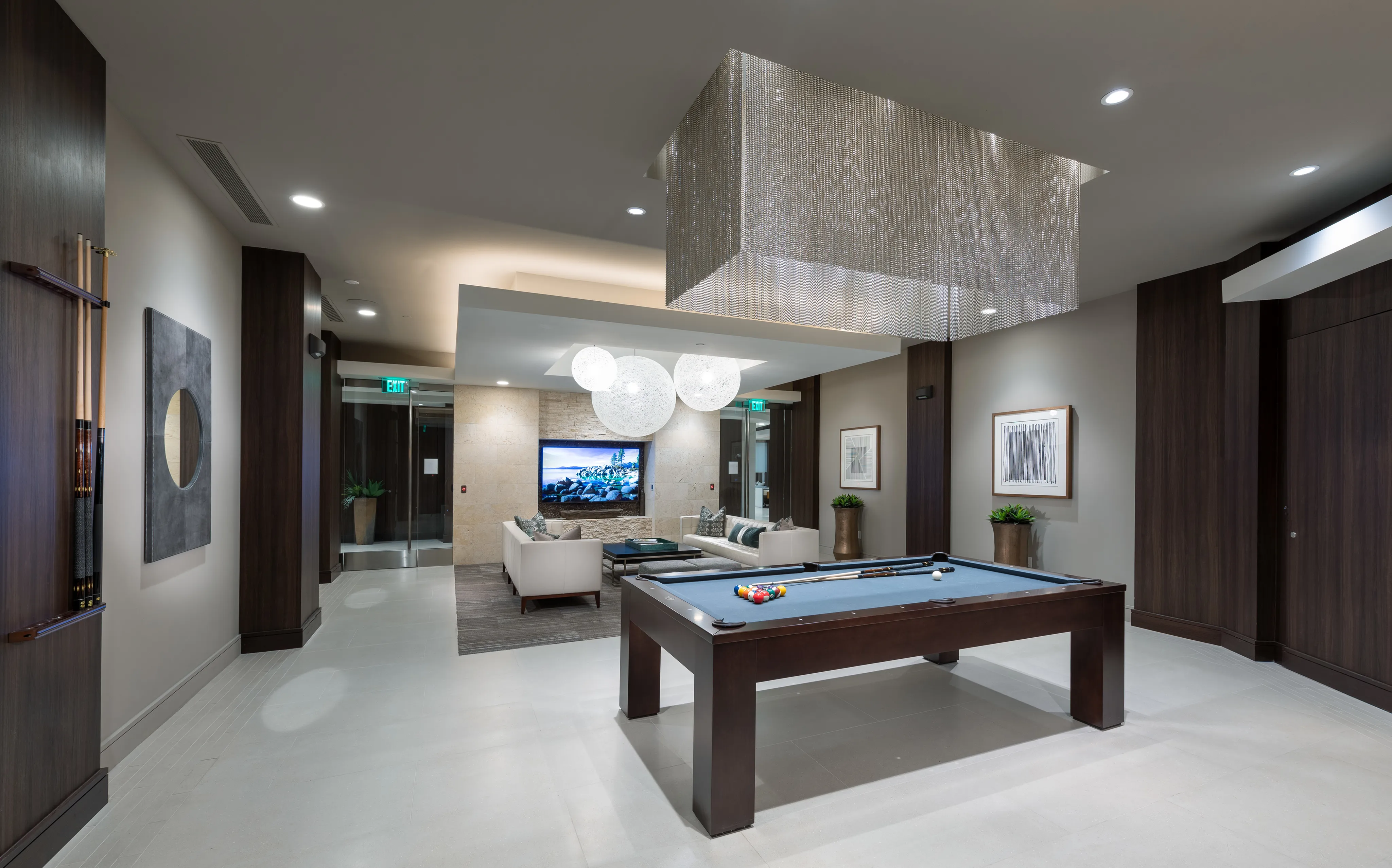 Entertaining kitchen and social lounge with billiards table