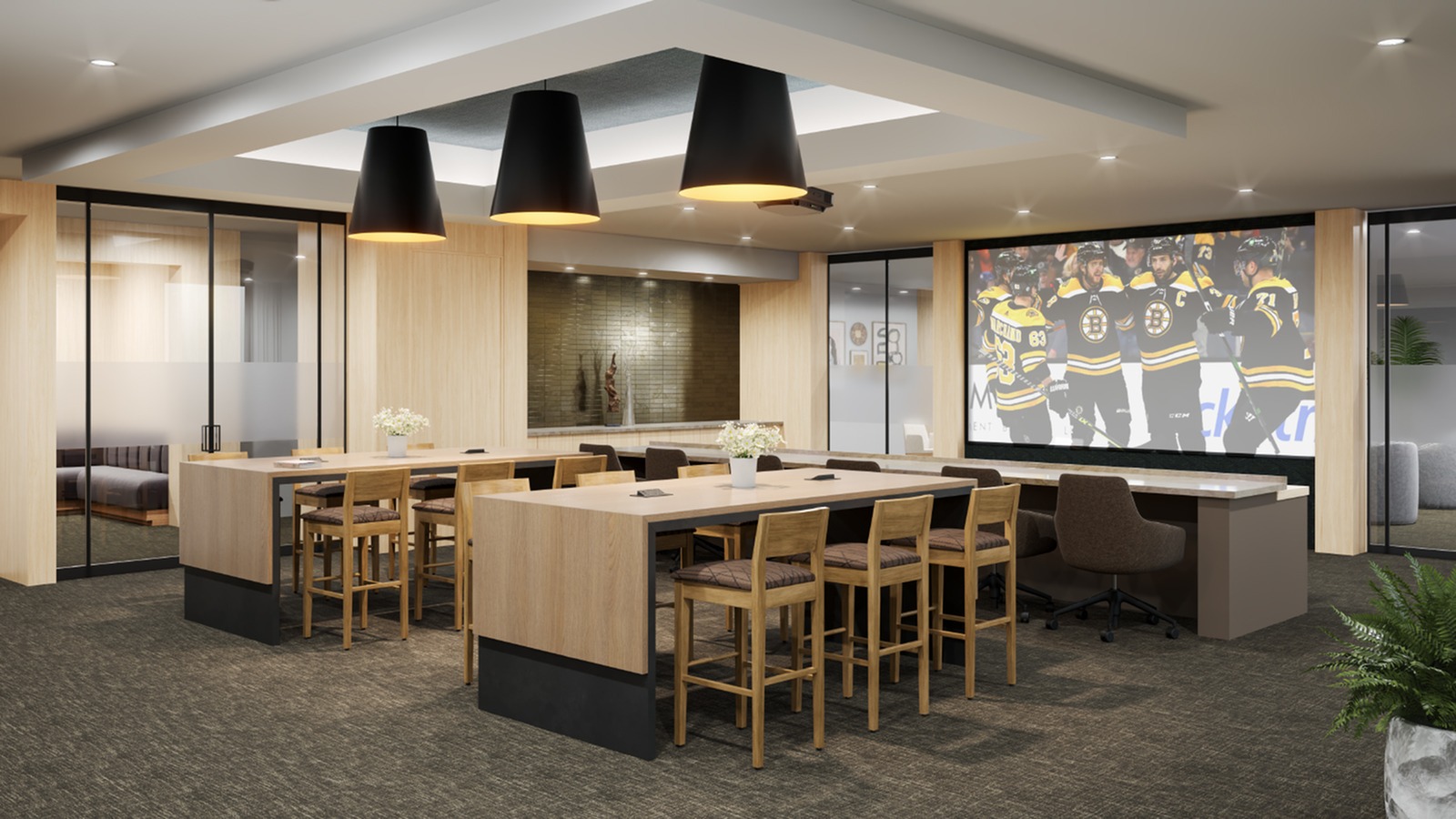 3D custom rendering of lounge with HD projector, cinema-style seating, and spaces for both work and relaxation
