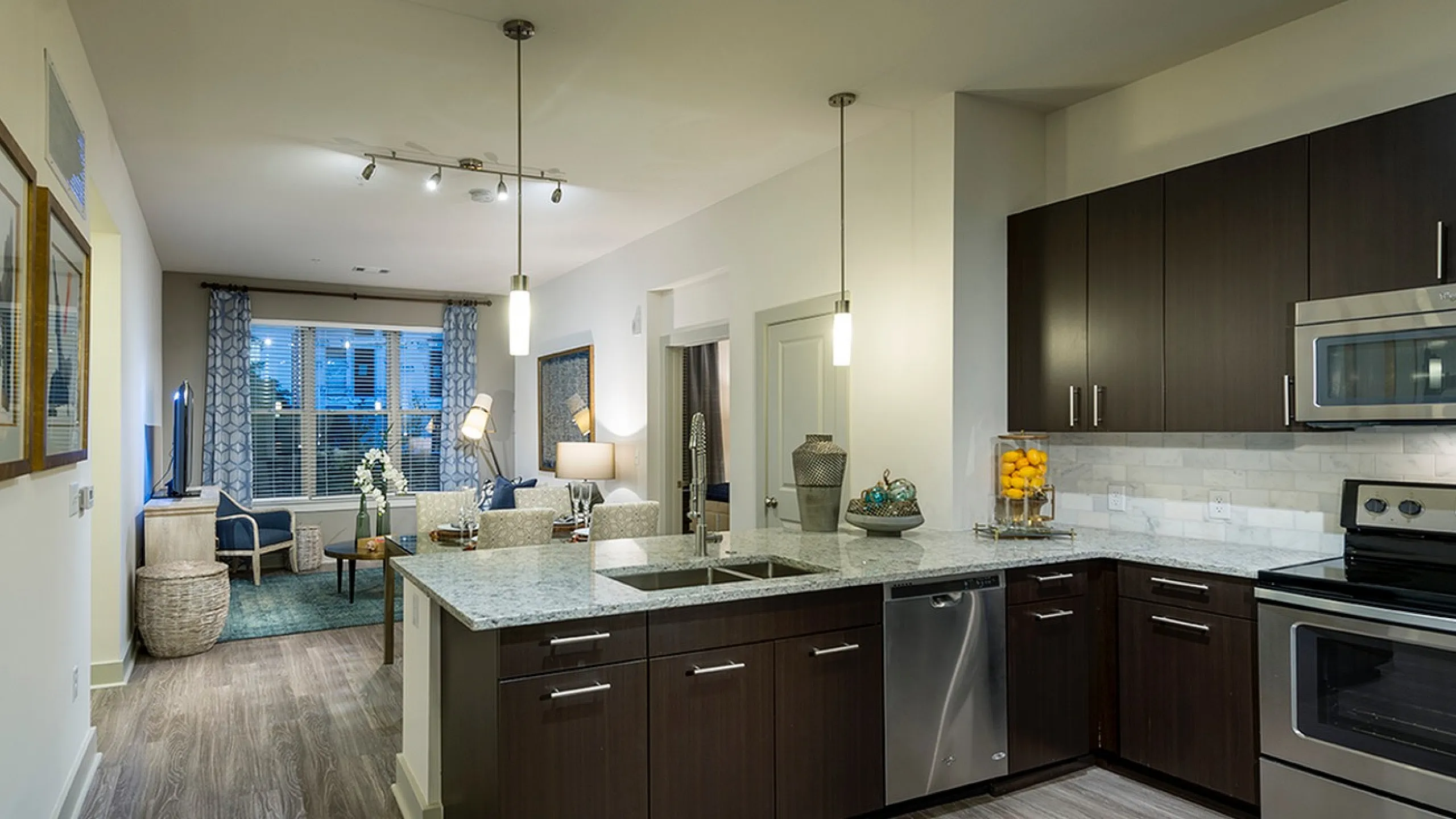 Modern open-concept kitchen and living area with sleek dark cabinetry, stainless steel appliances, and elegant lighting.