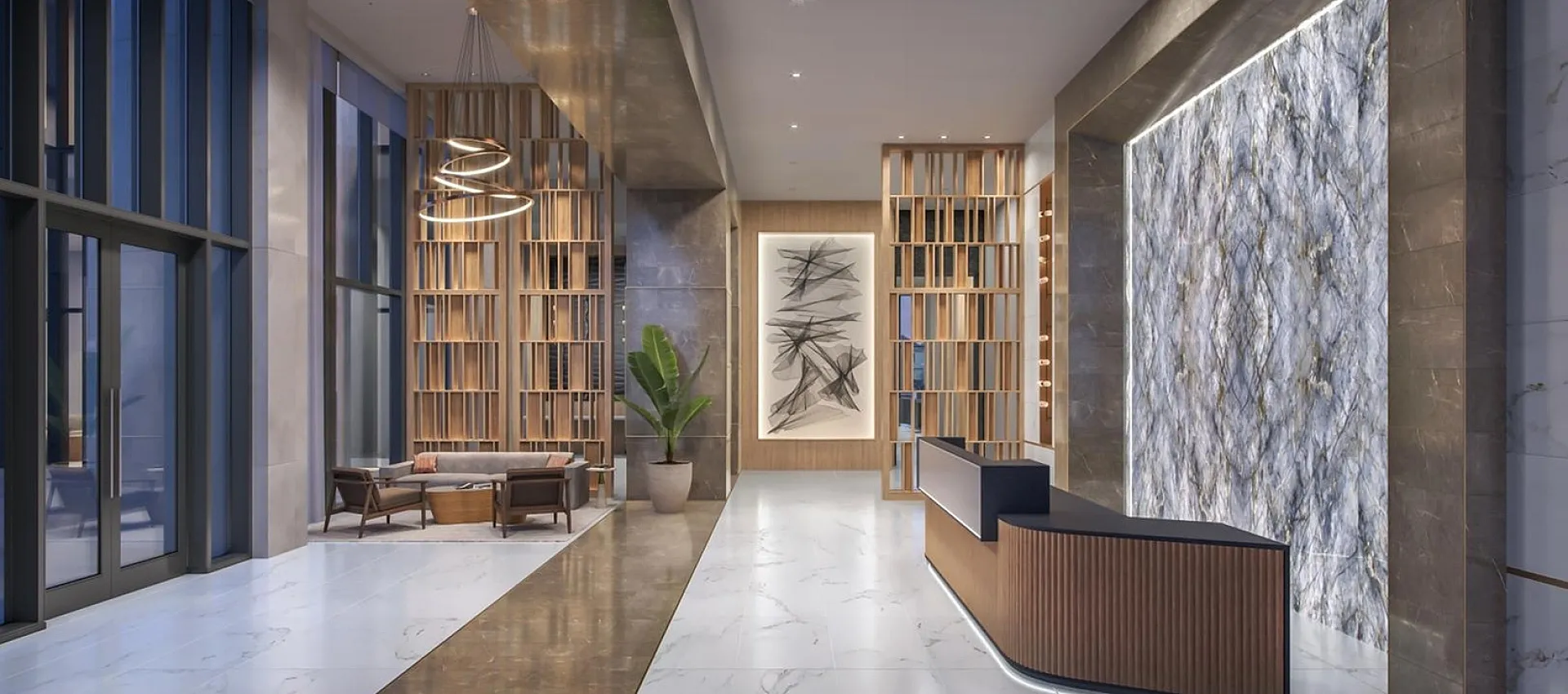 Luxurious lobby with modern decor, featuring marble floors, elegant lighting, and artistic wall designs for a sophisticated ambiance.