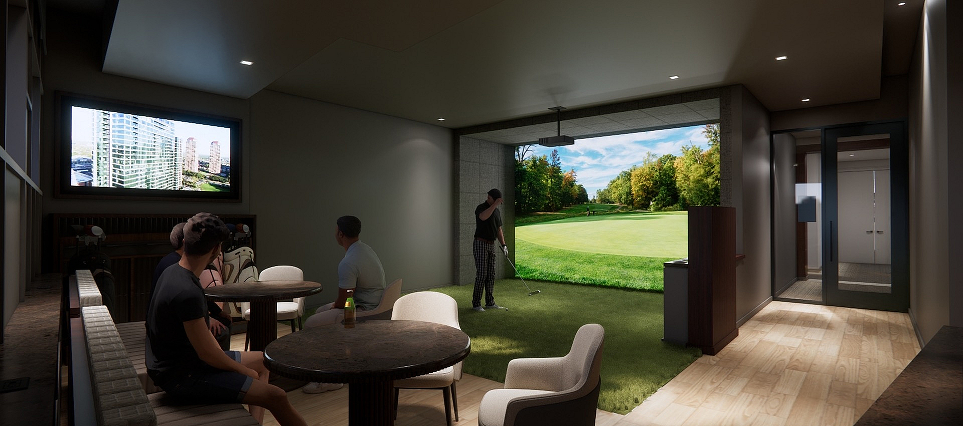 Luxurious apartment amenity showcasing an indoor virtual golf setup beside a cozy lounge area, perfect for socializing and relaxation.