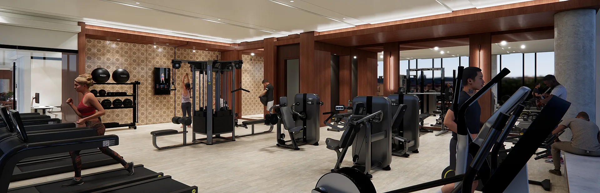 Modern fitness center with state-of-the-art equipment, treadmills, weight machines, and a spacious layout for an invigorating workout experience.