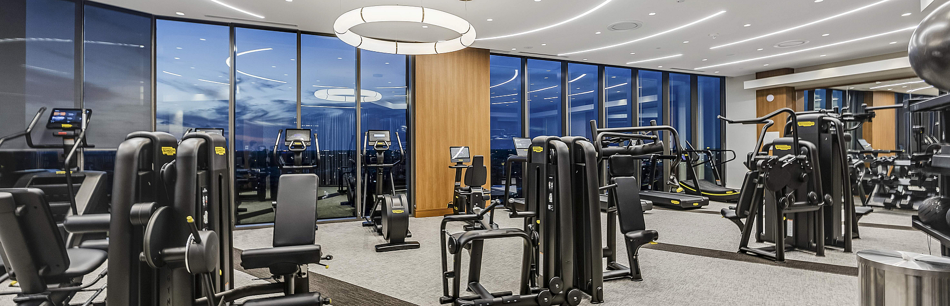 Luxurious fitness center featuring state-of-the-art gym equipment, sleek modern design, and stunning glass windows with scenic views.