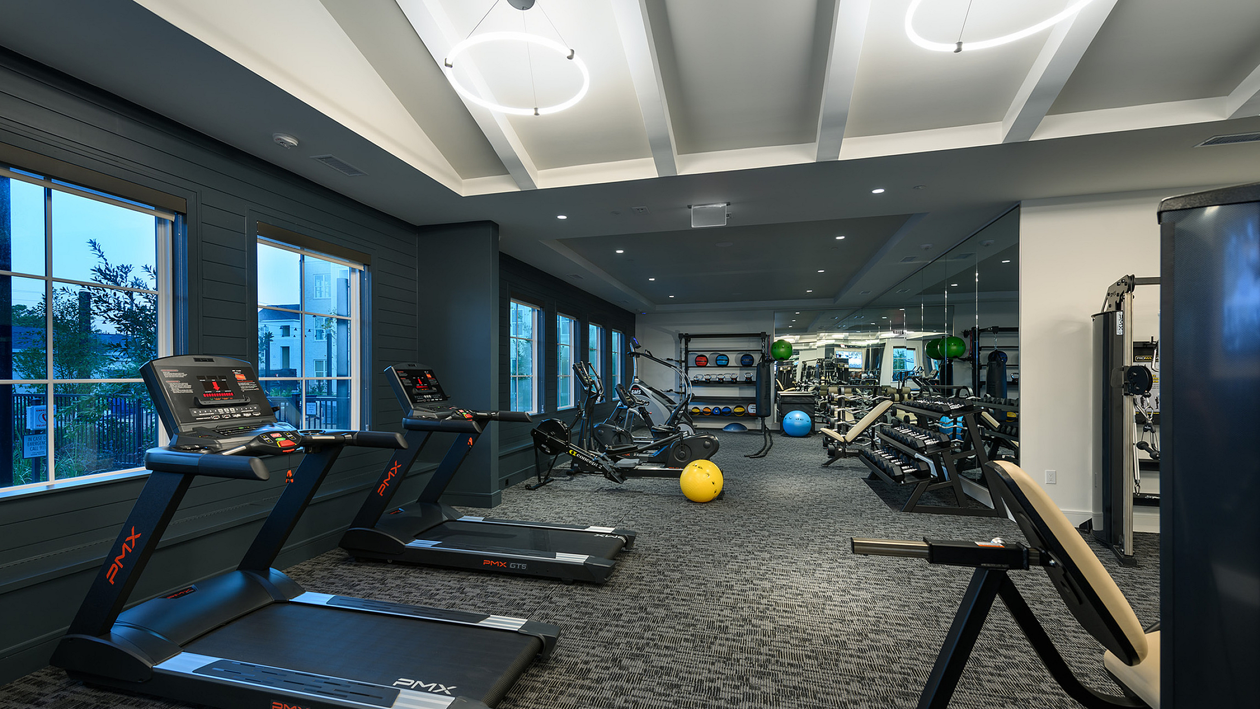 Luxury fitness center with state-of-the-art treadmills, exercise bikes, and weights, featuring modern lighting and large windows for a bright workout experience.