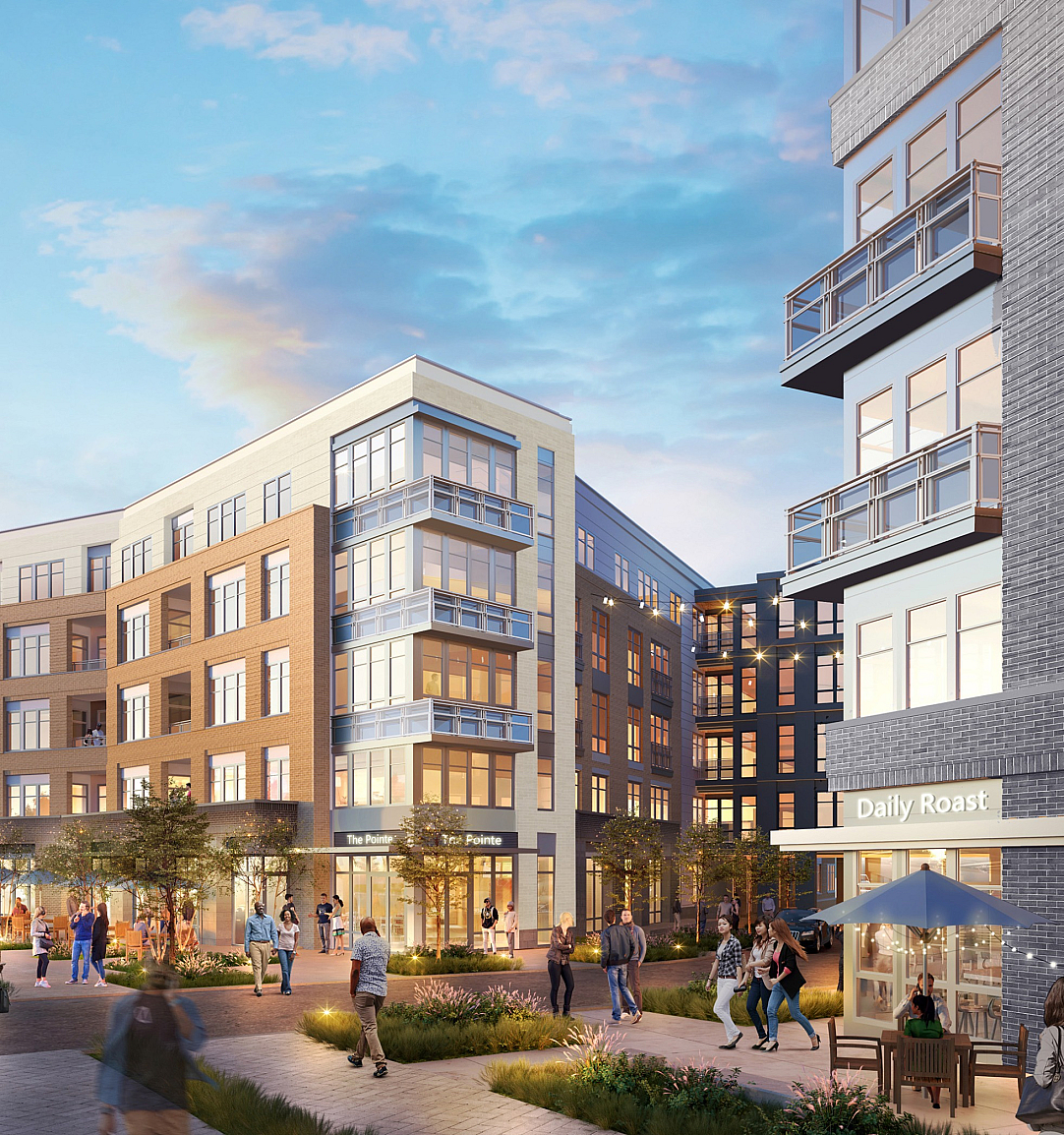 Modern apartment complex exterior bustling with life; features stunning architecture, outdoor seating, and vibrant community atmosphere.