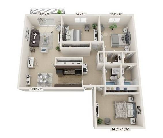 Glen Oak; Spacious 3 bedroom 2 bath 3D floorplan.