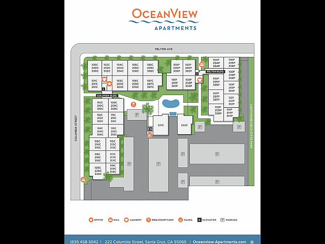 Vibrant OceanView Apartments layout showcasing multiple buildings, lush green spaces, a central pool, and convenient amenities like mailboxes, laundry, and parking. Ideal location near Greenfield State Park in Santa Cruz.