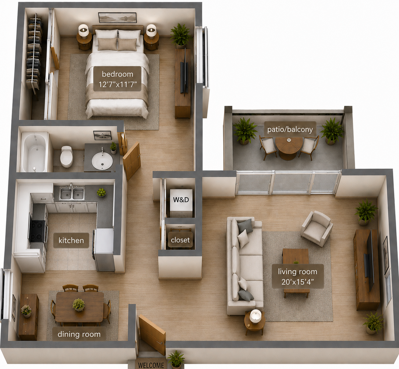 Modern 3D floor plan showcasing a spacious 1-bedroom apartment with a cozy living room, stylish kitchen, elegant dining area, and a charming patio/balcony.