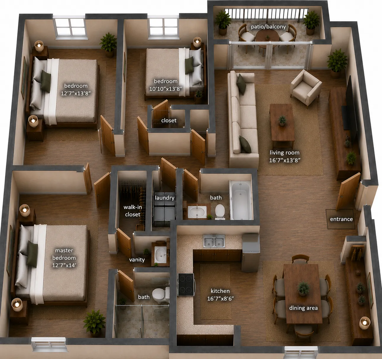 Elegant 3D floor plan showcasing a spacious 3-bedroom apartment with a cozy living room, modern kitchen, stylish dining area, and a serene patio/balcony.