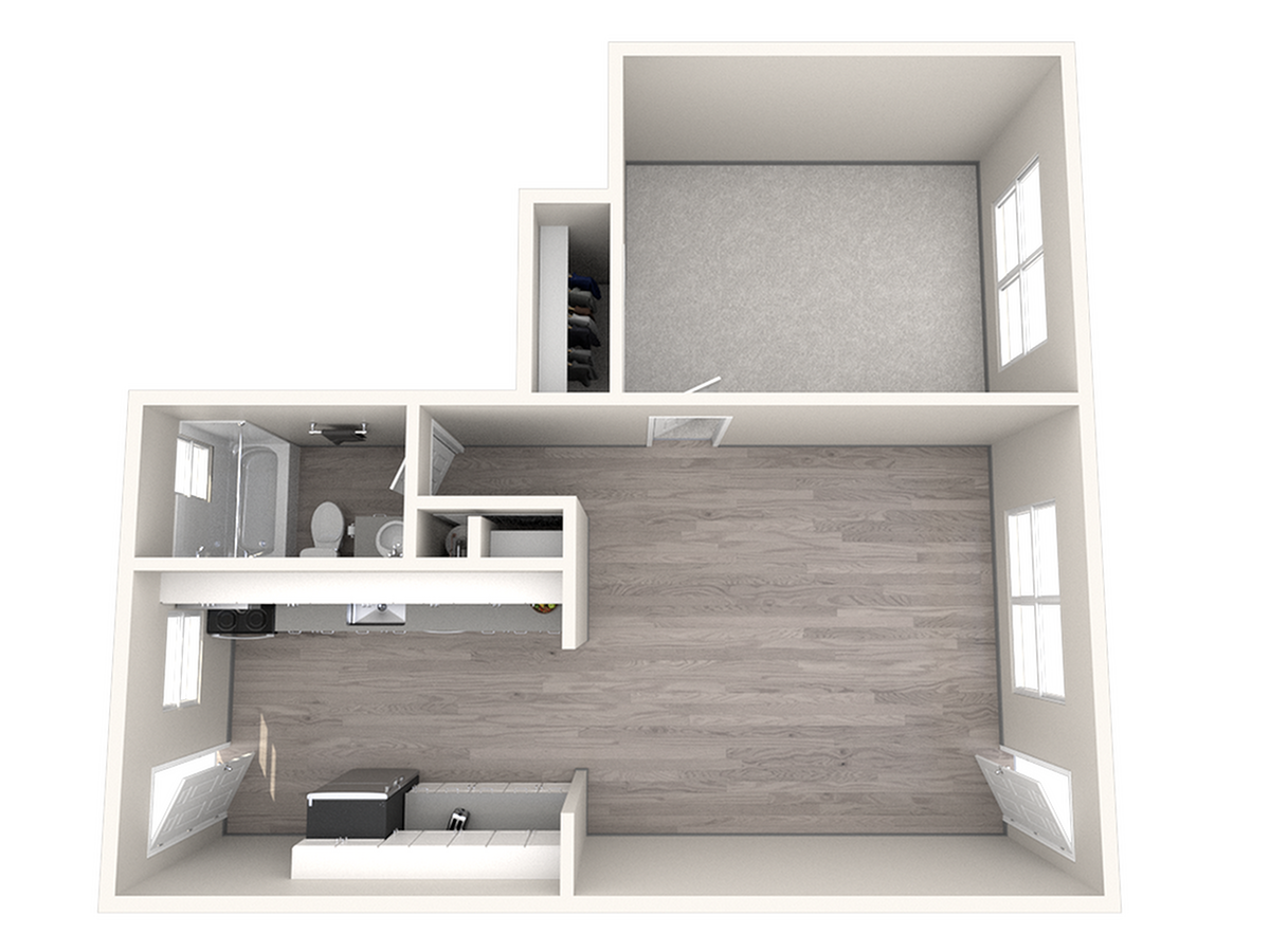 3D floor plan showcasing a spacious living area, a bedroom, and a well-appointed kitchen.
