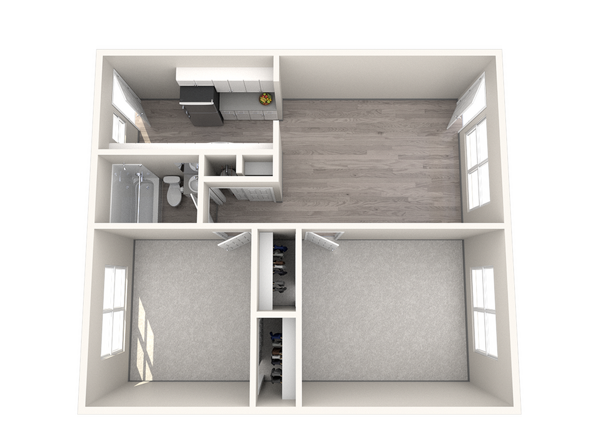 3D floor plan displaying a one-bedroom layout with a modern kitchen and a sleek bathroom.