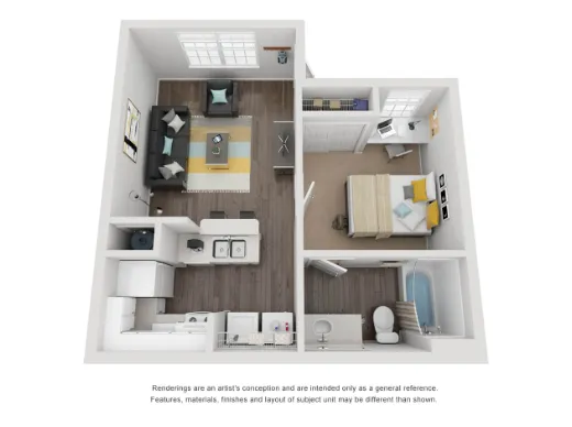 3D floor plan showcasing a modern 1-bedroom apartment with an open living area and a fully equipped kitchen.
