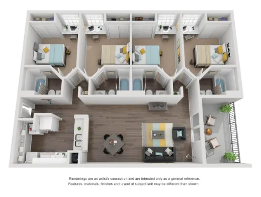 3D apartment floor plan with three bedrooms, open living area, modern kitchen, and balcony space.