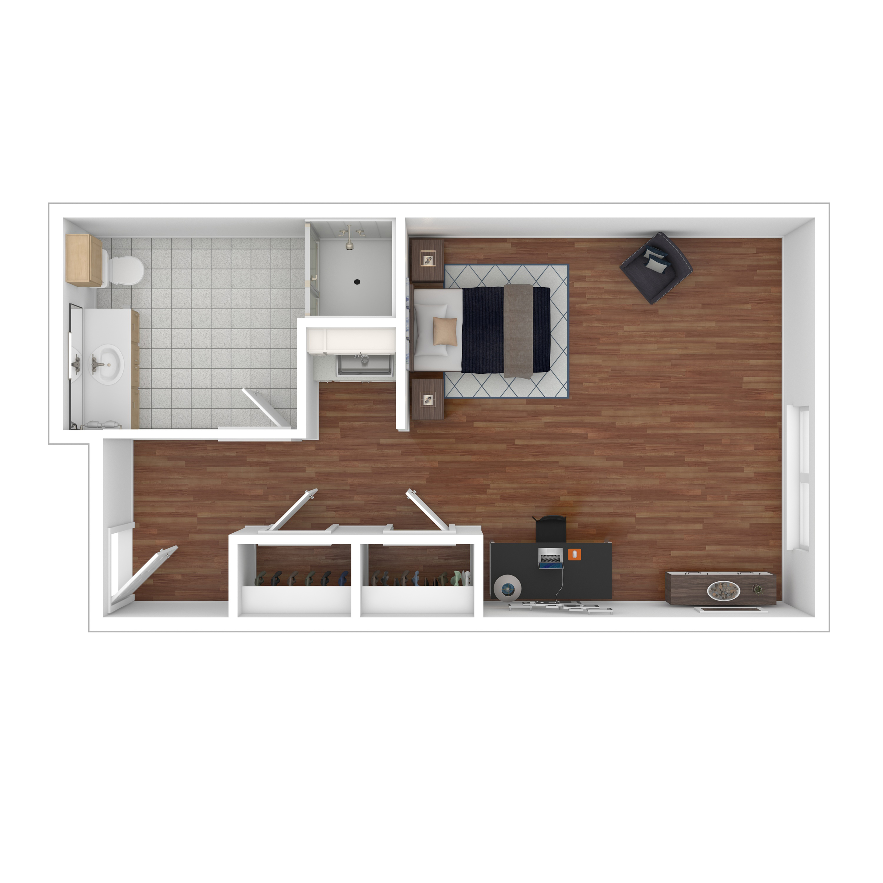 Efficient studio floor plan featuring a bedroom area, living space, and bathroom with wooden flooring.