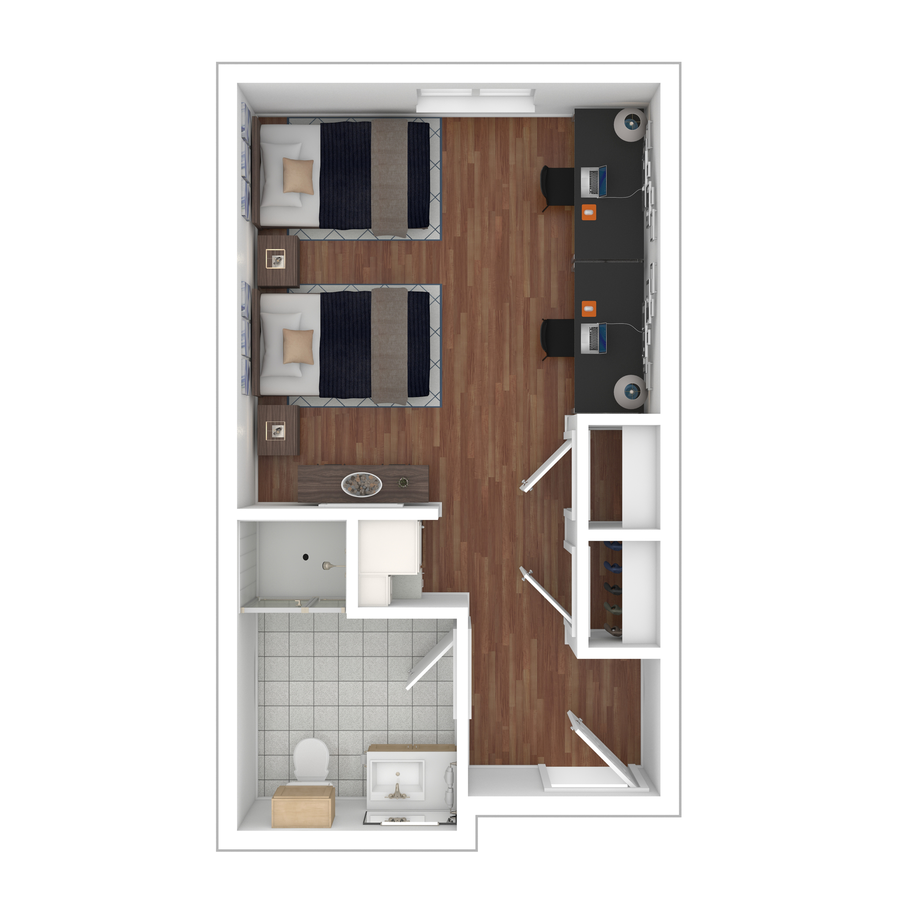 Modern floor plan displaying a twin bedroom suite with dual workstations and an ensuite bathroom.