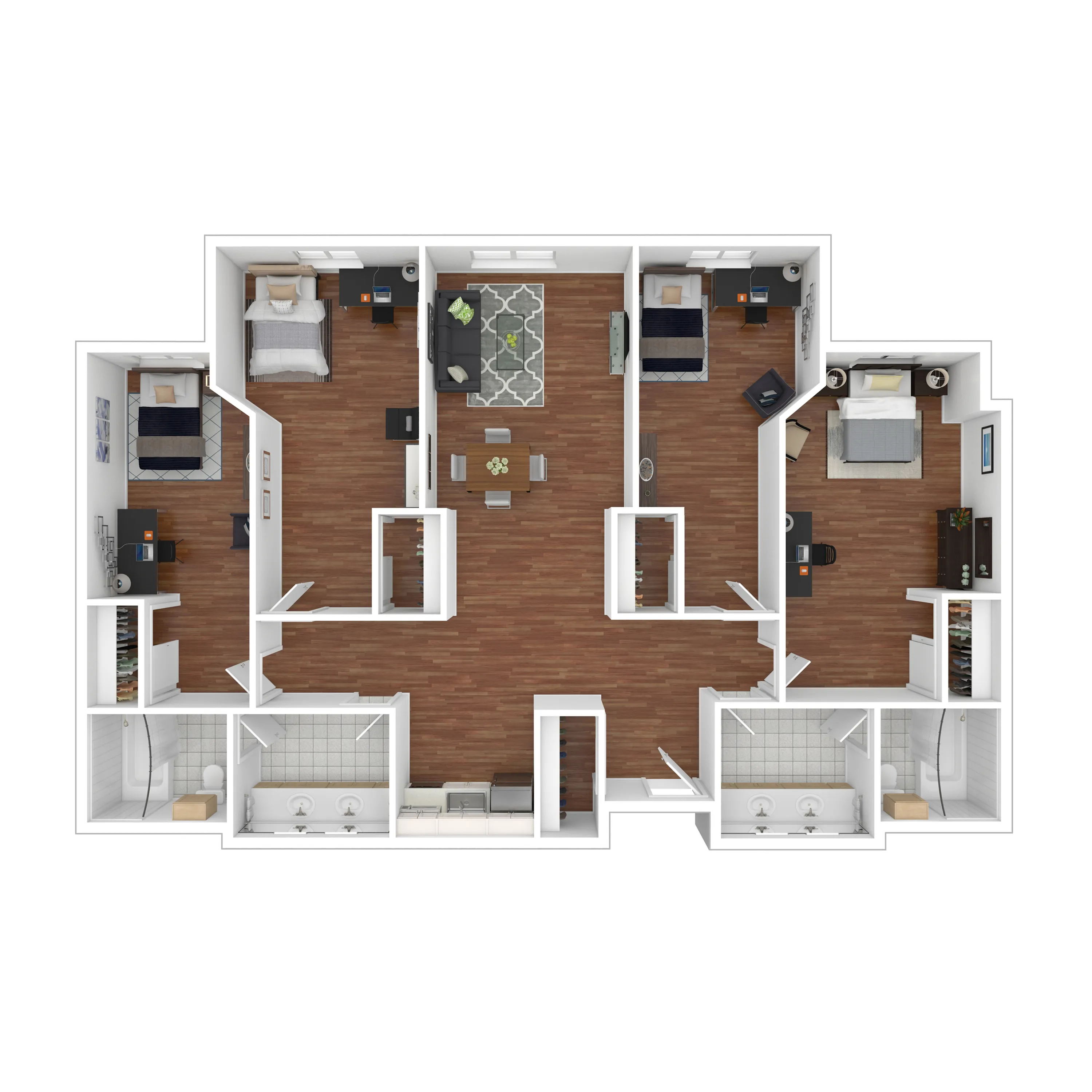 3D floor plan displaying 3 bedrooms, a modern living area, and a sleek kitchen.