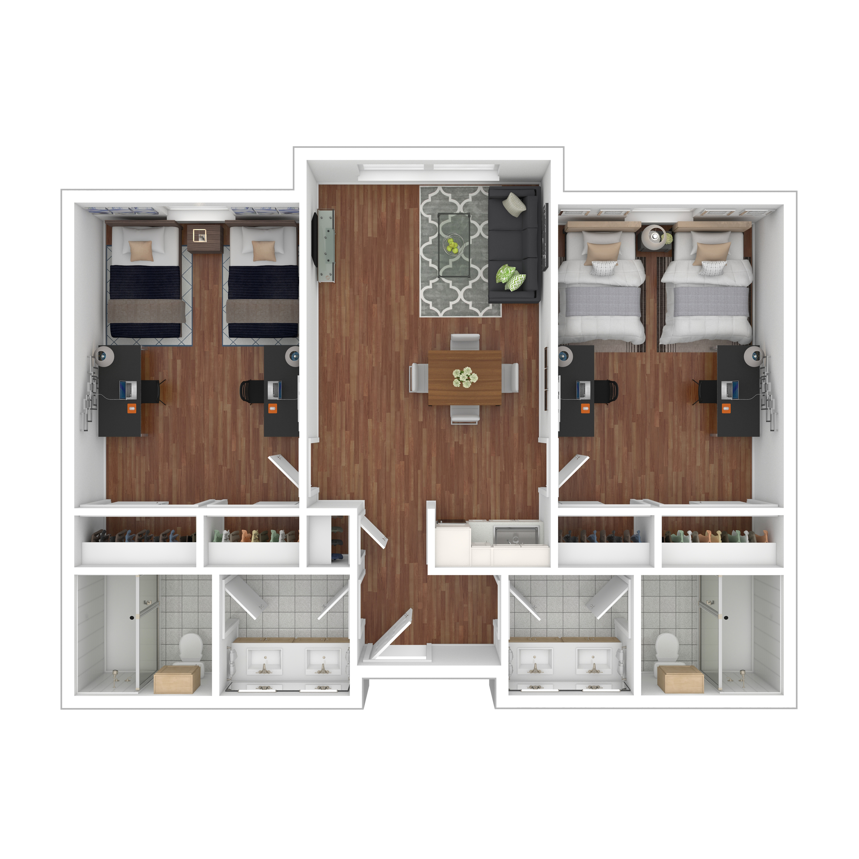 3D floor plan illustrating two bedrooms, a modern open living area, and a functional kitchen.