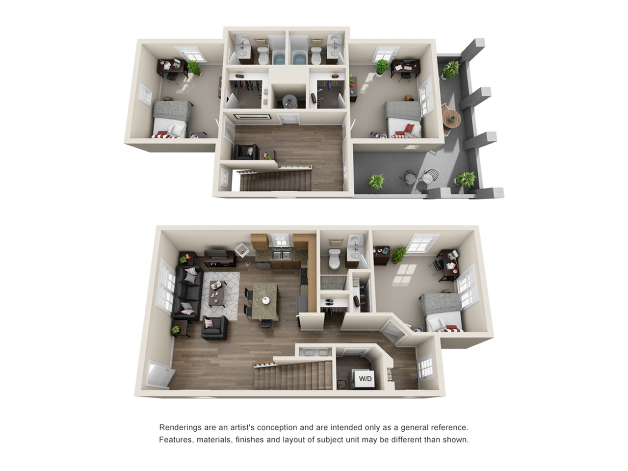3D floor plan showcasing modern design with three bedrooms, a spacious open living area, and an outdoor balcony.