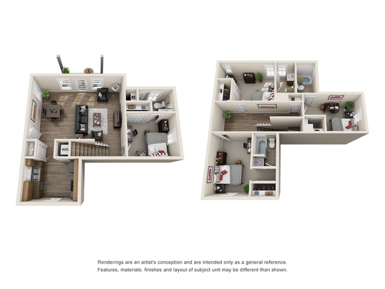 3D floor plan illustrating an inviting living space with four bedrooms, open living room, and modern kitchen.